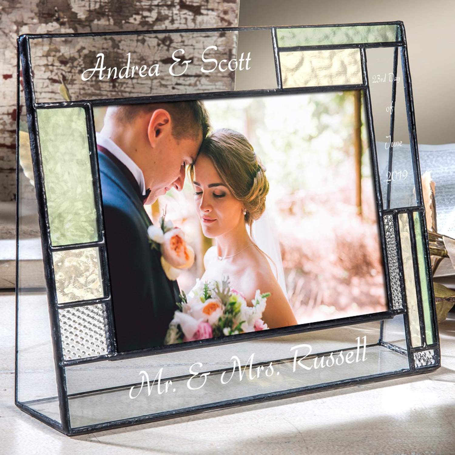 Personalized Wedding Picture Frame - Green Yellow Glass 5x7 Table Top Photo Keepsake for Couples | Engagement Gift & Home Decor