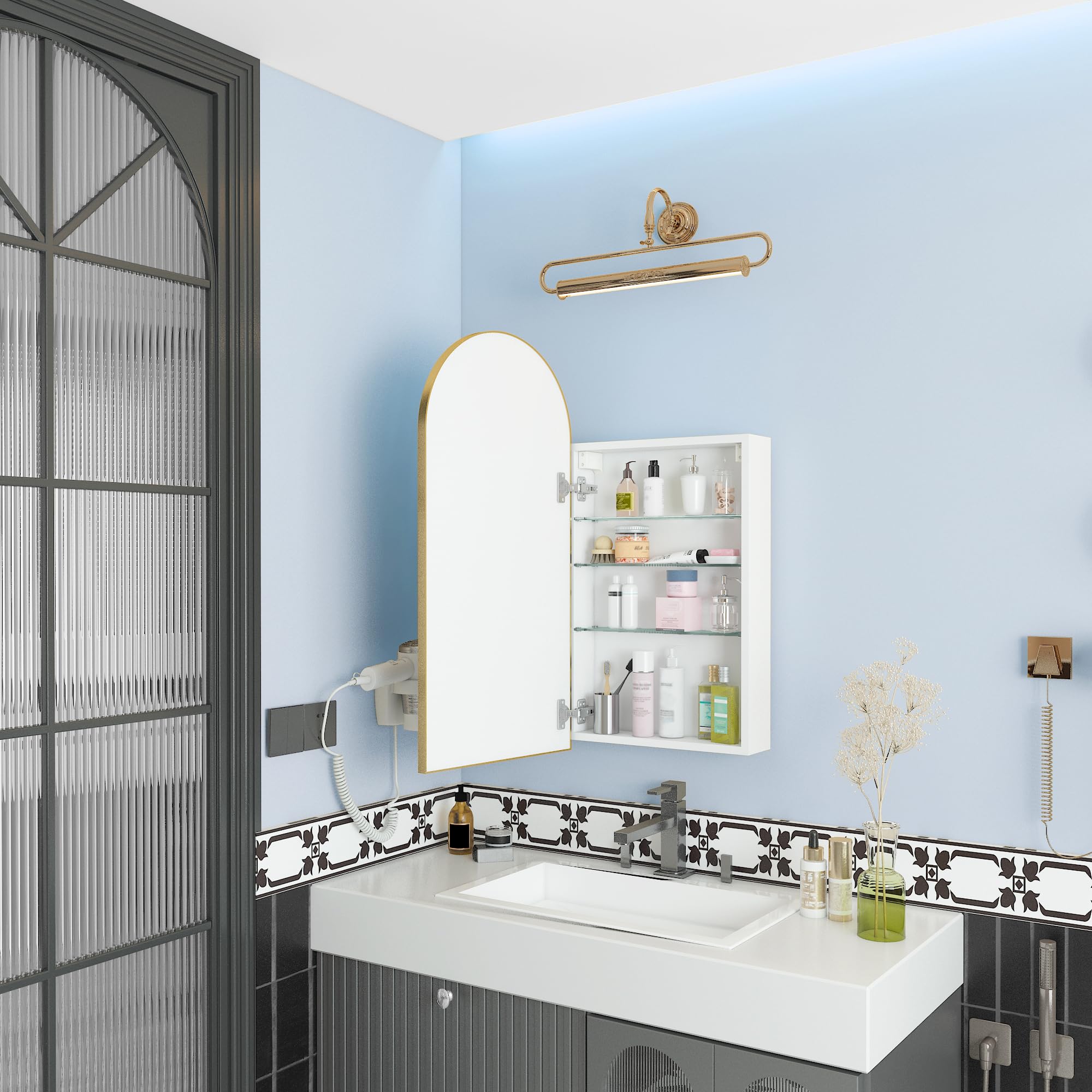 FKWin Arched Medicine Cabinet with Mirror - Bathroom Storage Mirror, Aluminum Alloy Vanity Cabinet with 3 Adjustable Shelves (Not Recessed, 31.5
