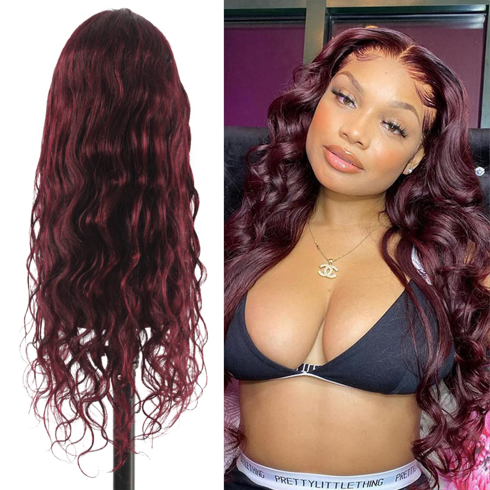 13x4 Pre Plucked Lace Front Wig - Brazilian Virgin Human Hair Body Wave Wig with Baby Hair | 24 Inch Deep Curly Lace Frontal Wig for Women (Burgundy) - Perfect for Daily Wear, Parties & Special Occasions