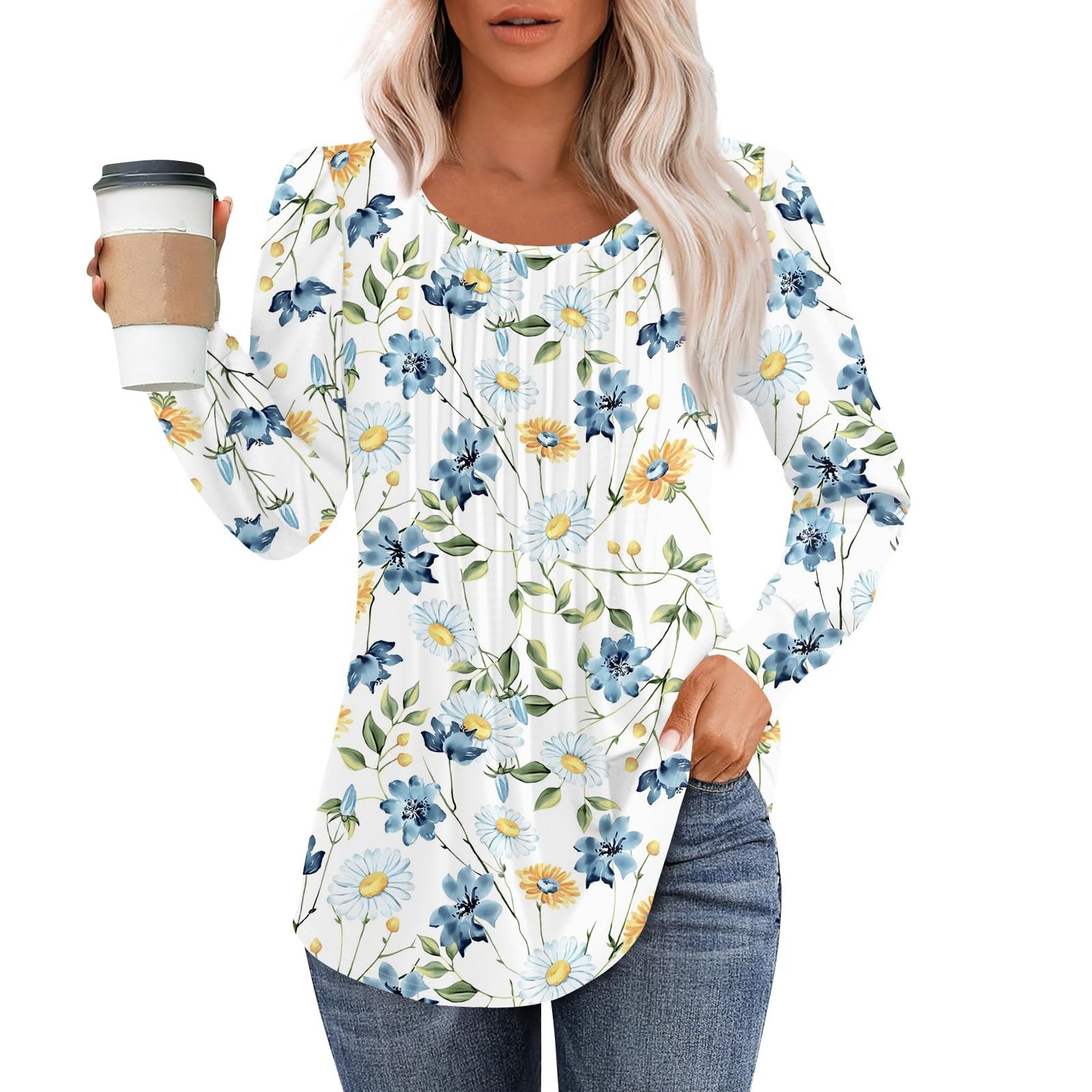 Women's Long Sleeve Tunic Tops - Casual Crewneck Loose Blouse with Floral Print, Trendy Fall Fashion Basic Top for Women | Perfect for Work, Date Night & Autumn Outfits