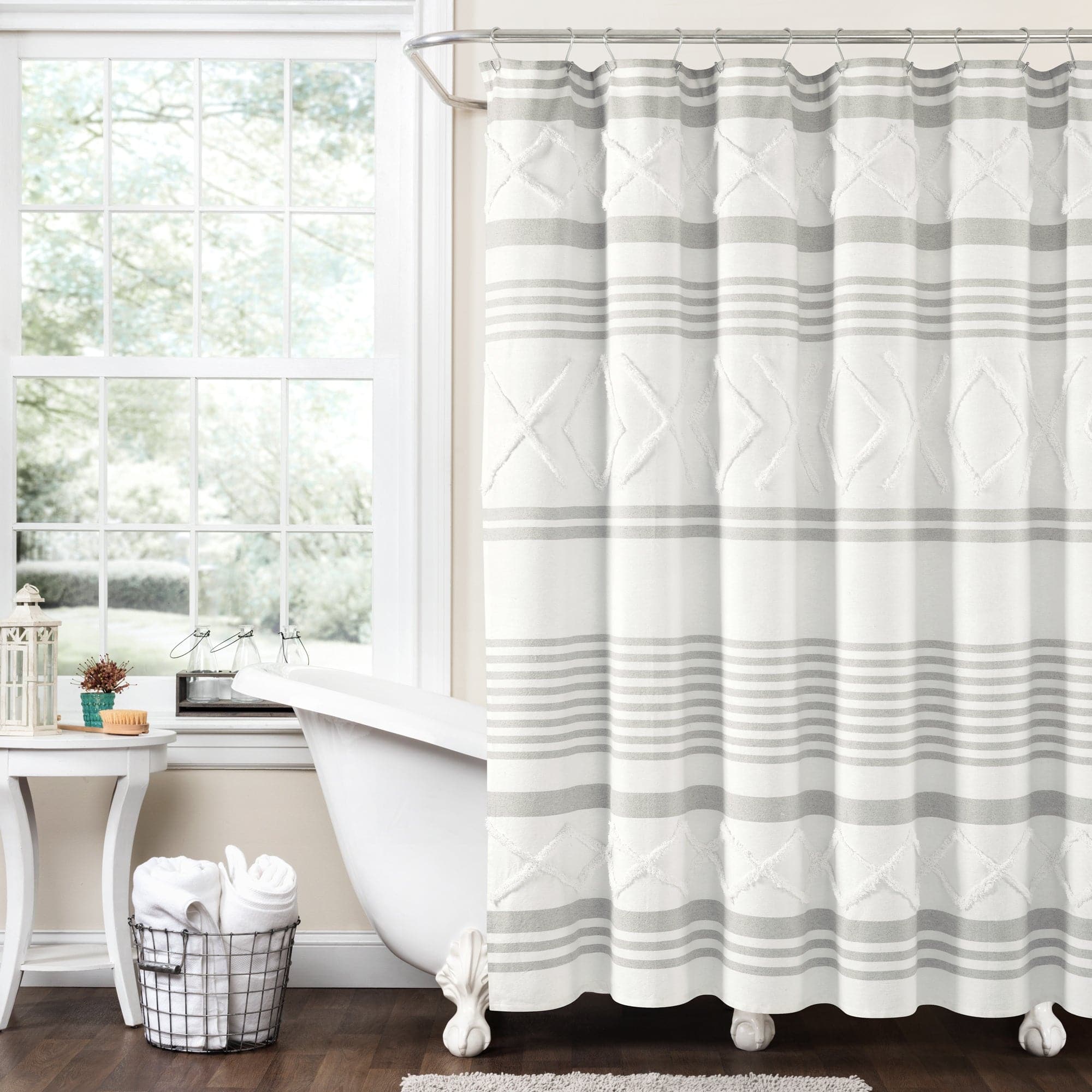 Eco-Friendly Urban Diamond Stripe Woven Tufted Shower Curtain - Waterproof Bathroom Decor for Modern Homes | Perfect for Small Bathrooms & Spa-Like Retreats