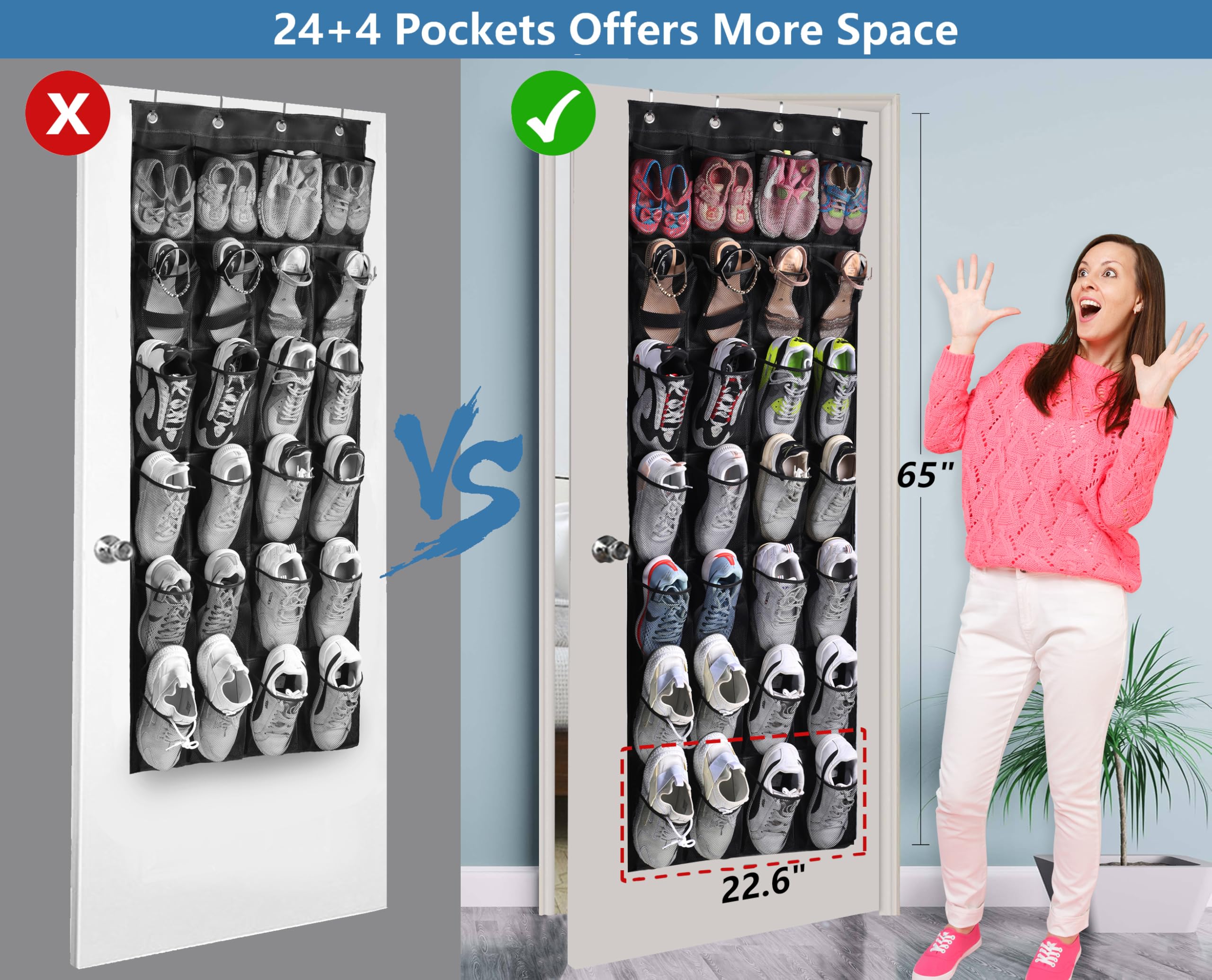24-Pocket Over The Door Shoe Organizer with Mesh Storage - Space Saving Hanging Shoe Rack for Sneakers, Sandals & Heels - Perfect for Closet, Bedroom & Dorm Organization