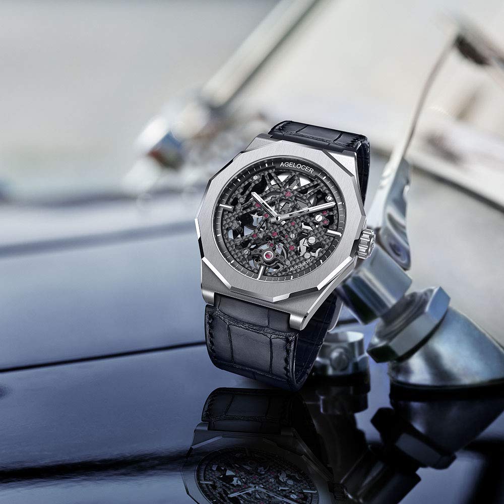 AGELOCER Men's Skeleton Mechanical Watch - Genuine Black Steel Case & Rubber Band - Top Luxury Brand for Men | Perfect for Business, Casual & Formal Occasions