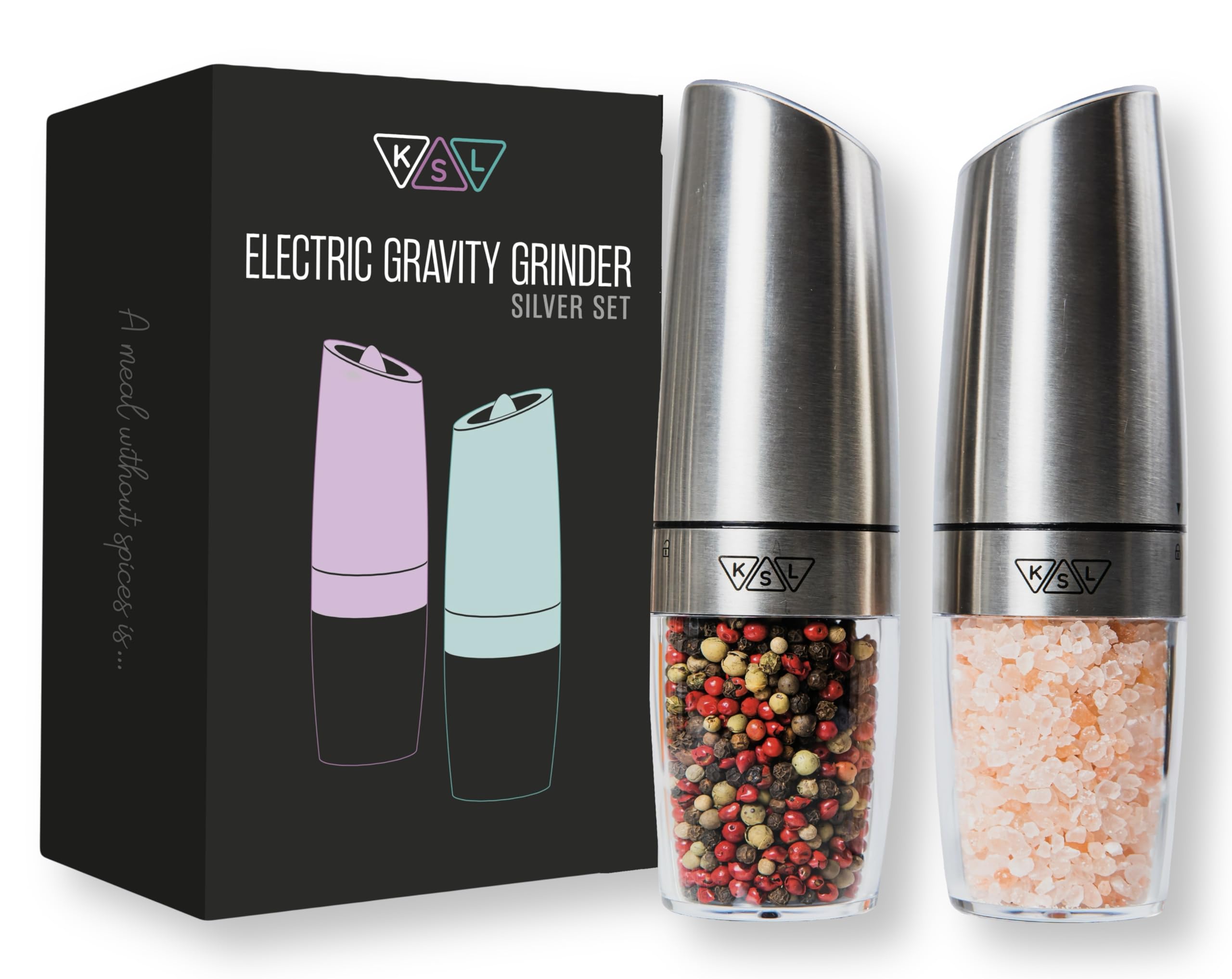 KSL Gravity Electric Salt and Pepper Grinder Set - Automatic Adjustable Battery-Powered Mill - Perfect Mother's Day Gift & Kitchen Essential for Cooking, Dining, and Holiday Entertaining