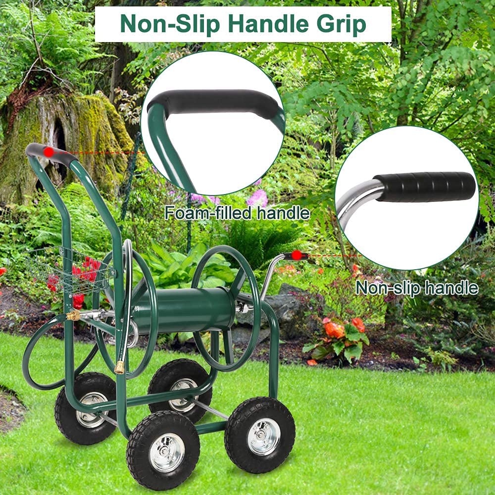 Heavy Duty Steel Garden Hose Reel Cart with Wheels & Storage Basket - Outdoor Watering Truck for Lawn, Patio, Garden - Durable Yard Hose Reel for Easy Watering & Planting | Perfect for Backyard, Greenhouse & Landscaping