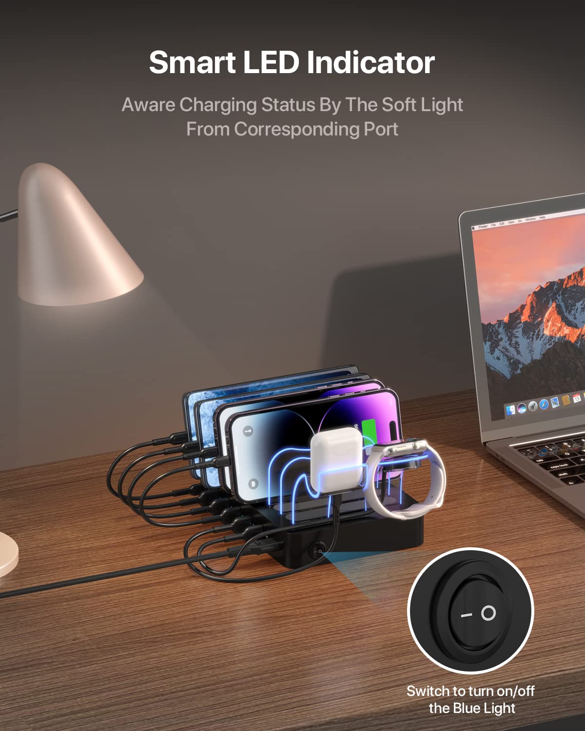 SooPii 60W 6-Port USB Charging Station with PD 20W Fast Charge for iPhone 14/13/12 Pro Max | Includes 6 Short Cables & 2-in-1 Holder | Multi-Device Charger for Phones, Tablets, Smartwatches | Perfect for Home, Office & Travel Use