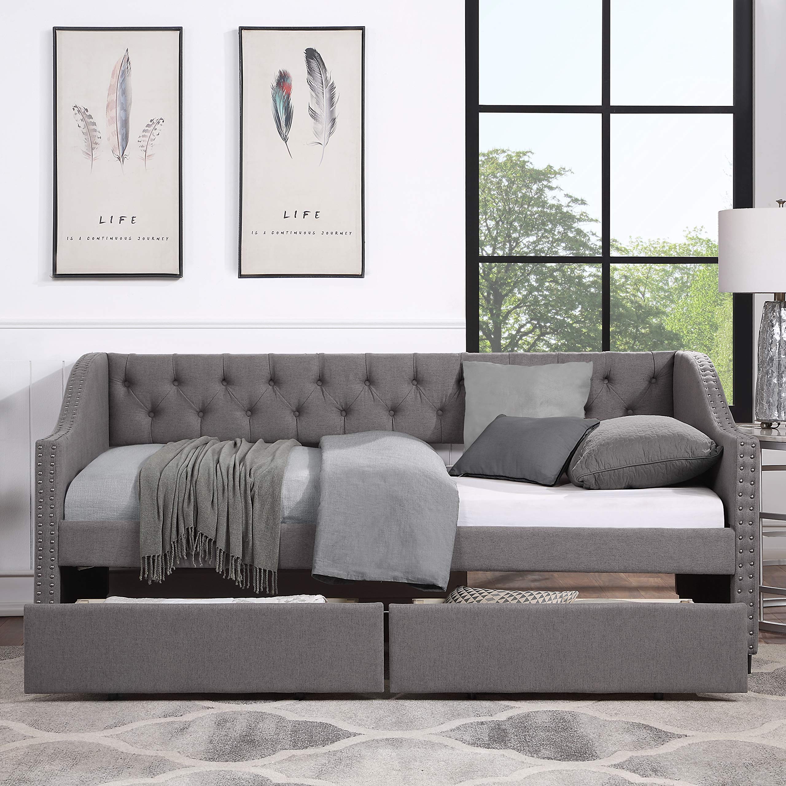 Harper & Bright Designs Twin Daybed with Storage Drawers - Upholstered Sofa Bed with Wood Slat Support & Armrests, No Box Spring Needed - Perfect for Guest Room, Kids Room or Small Space (Twin Size, Gray)