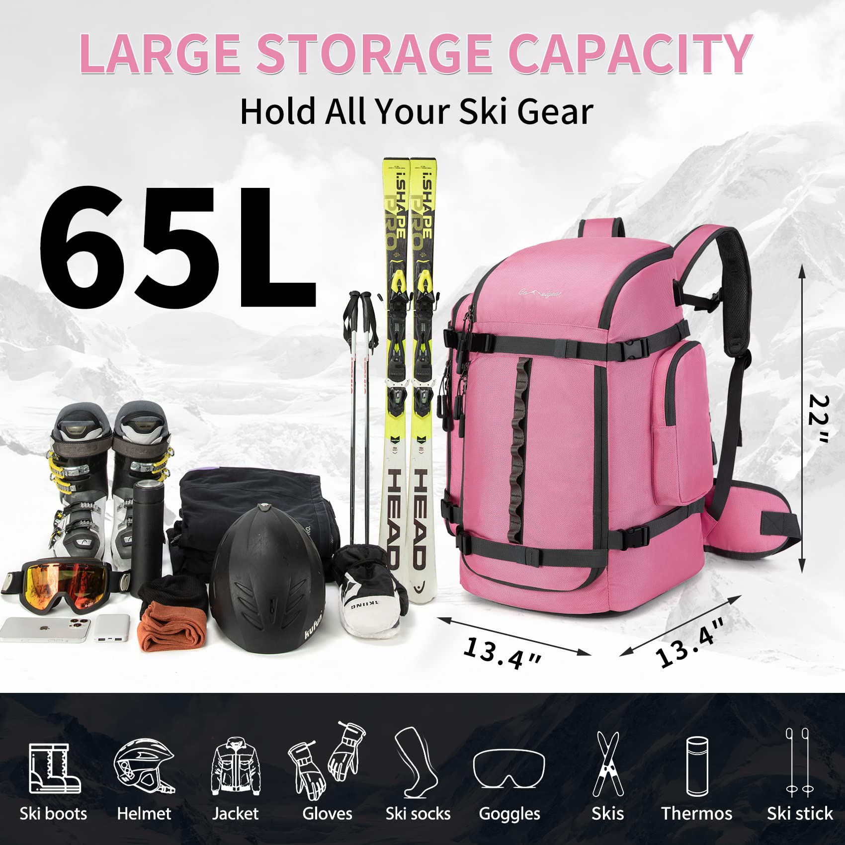 65L Waterproof Ski Boot Bag - 1680D Nylon Padded Duffle Backpack for Men, Women & Kids - Perfect for Ski Trips, Air Travel & Snowboarding Gear Storage