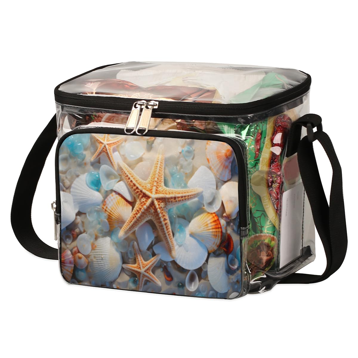GzLeyigou Clear Transparent Beach Tote Bag with Handles - Starfish & Seashell Design Marine Life Shoulder Bag for Outdoor, Travel, Picnic, Concerts, Sports Events | Stadium Approved Lunch Bag for Women & Men | Perfect for Beach Day, Shopping, and Summer Outings