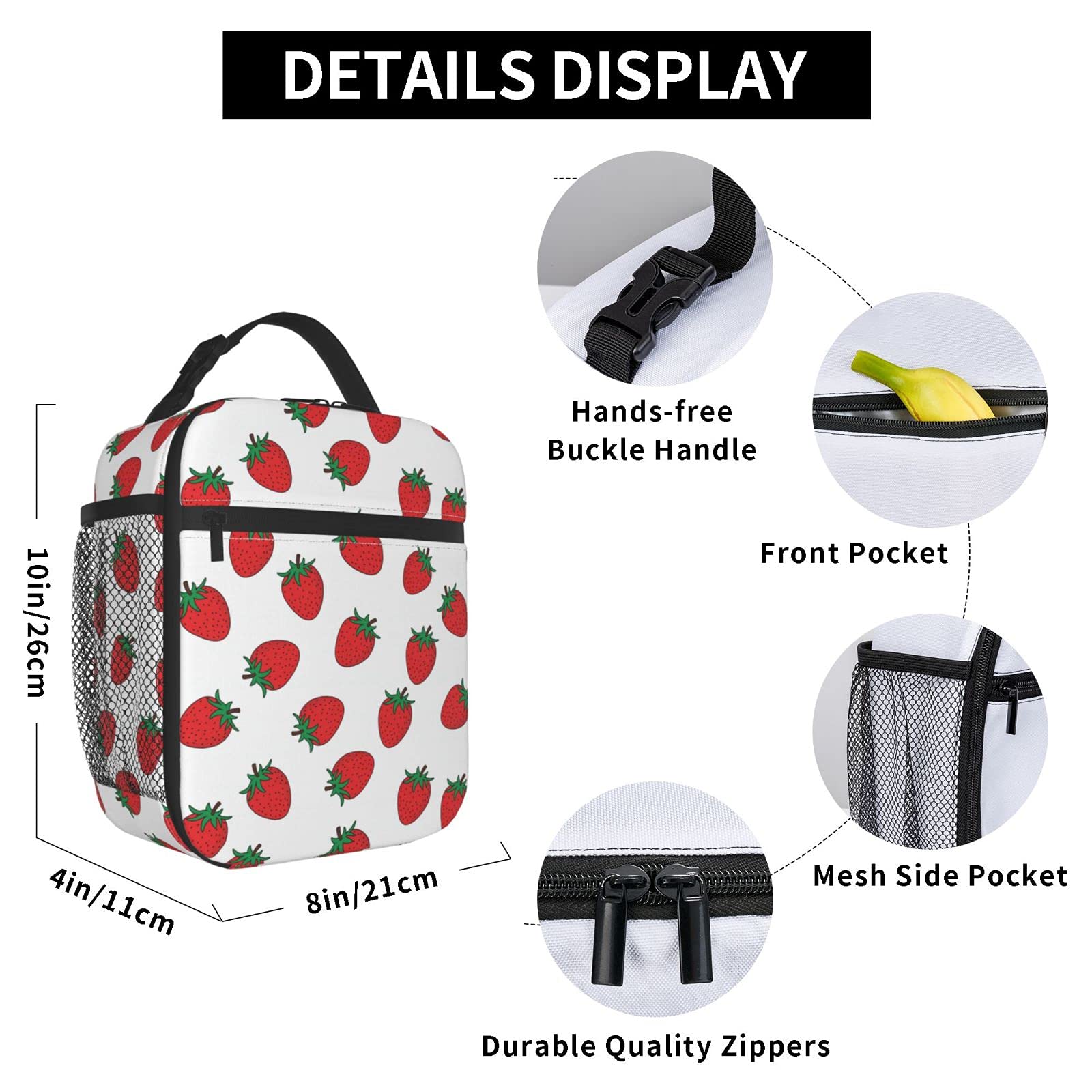 Insulated Lunch Bag for School & Work - Reusable Cooler Tote with Strawberry Design for Teens, Kids, Men & Women - Perfect for Picnics, Office Lunches & Outdoor Activities