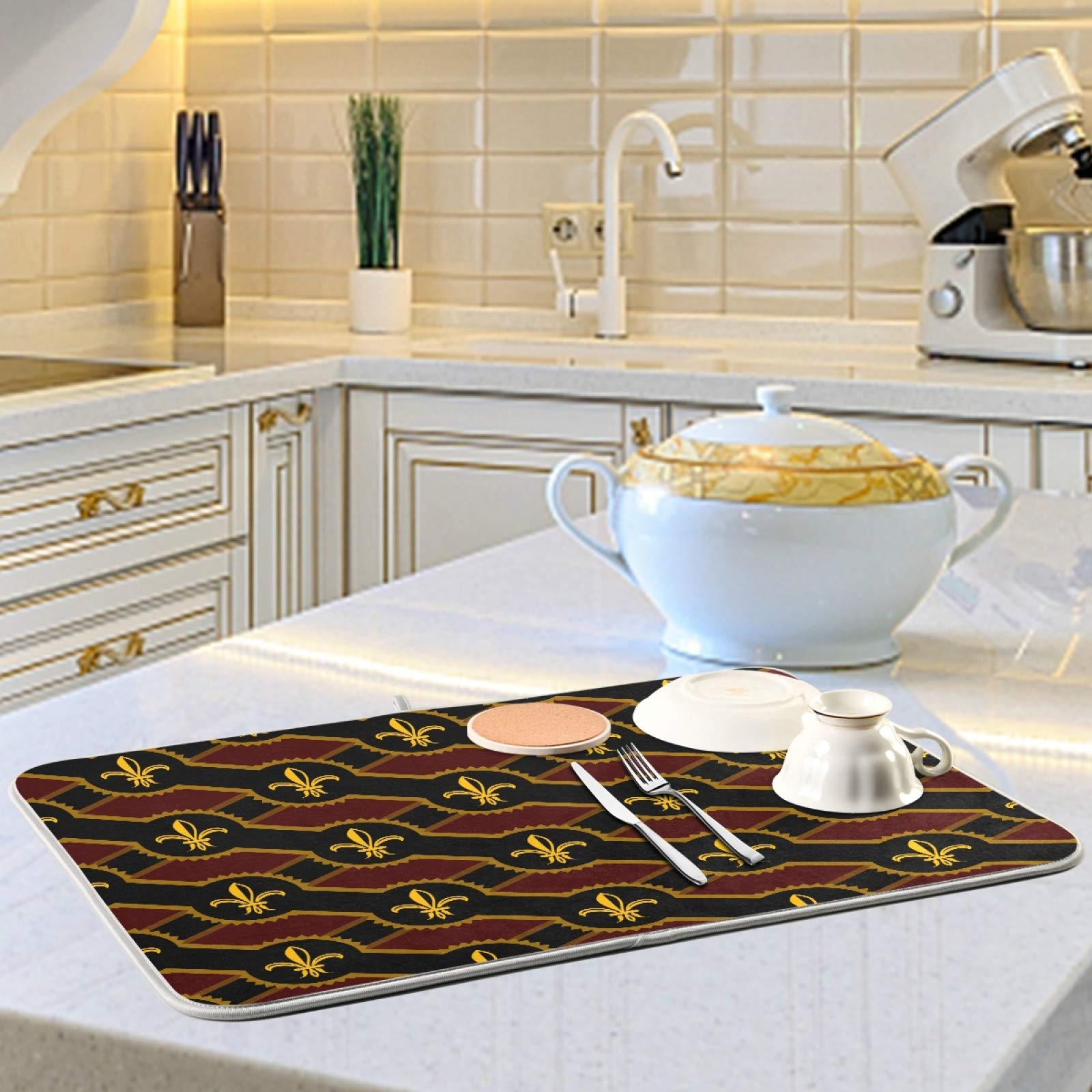 Super Absorbent Fleur De Lis Dish Drying Mat - Heat-Resistant Kitchen Counter Pad (18x24 Inch) for Dishes & Utensils