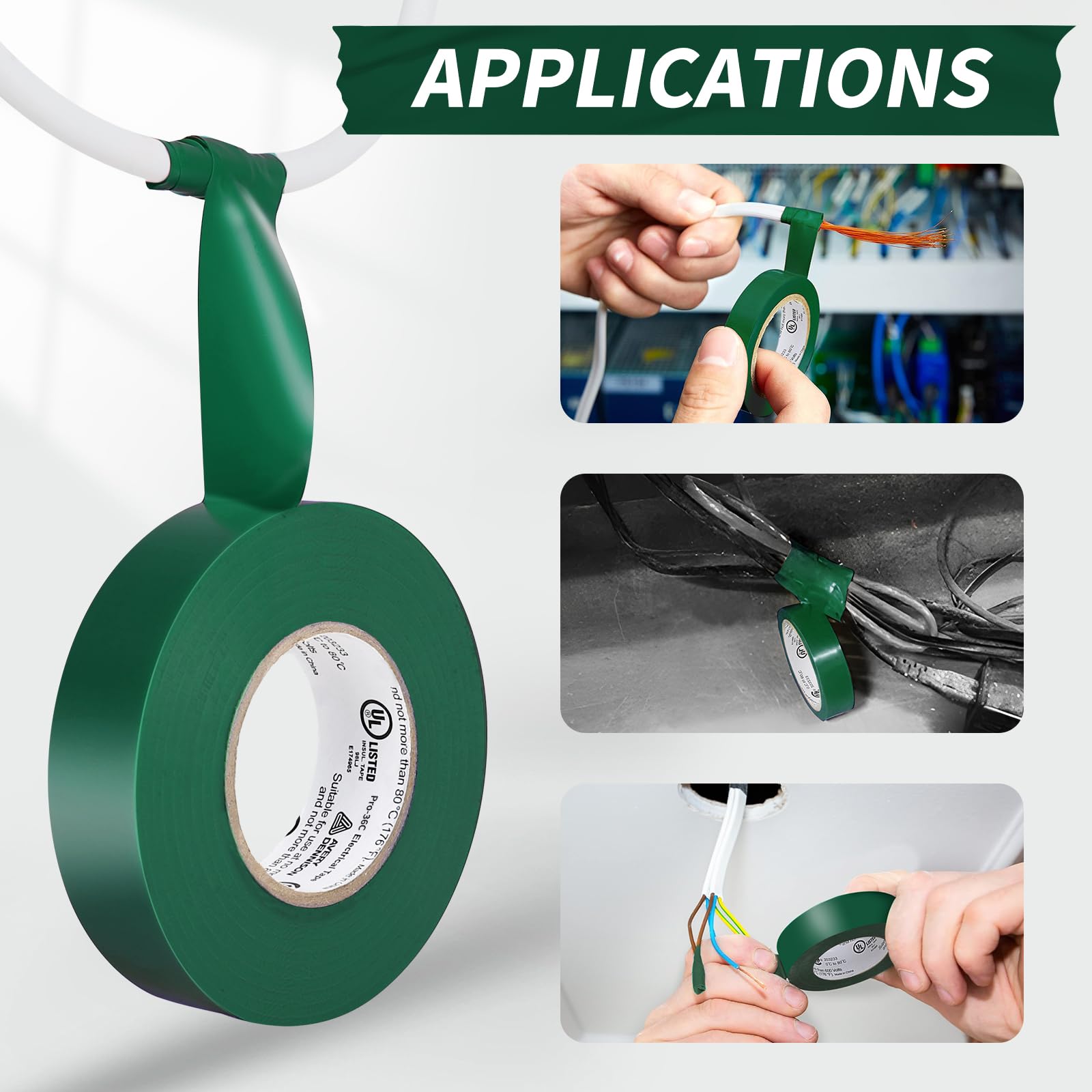 Professional Grade PVC Electrical Tape - UL/CSA Listed Insulating Vinyl Tape for Electrical Repairs, Automotive & Equipment (3/4 in x 66 ft, Green, 10 Rolls) - Perfect for Wiring, DIY Projects & Industrial Use
