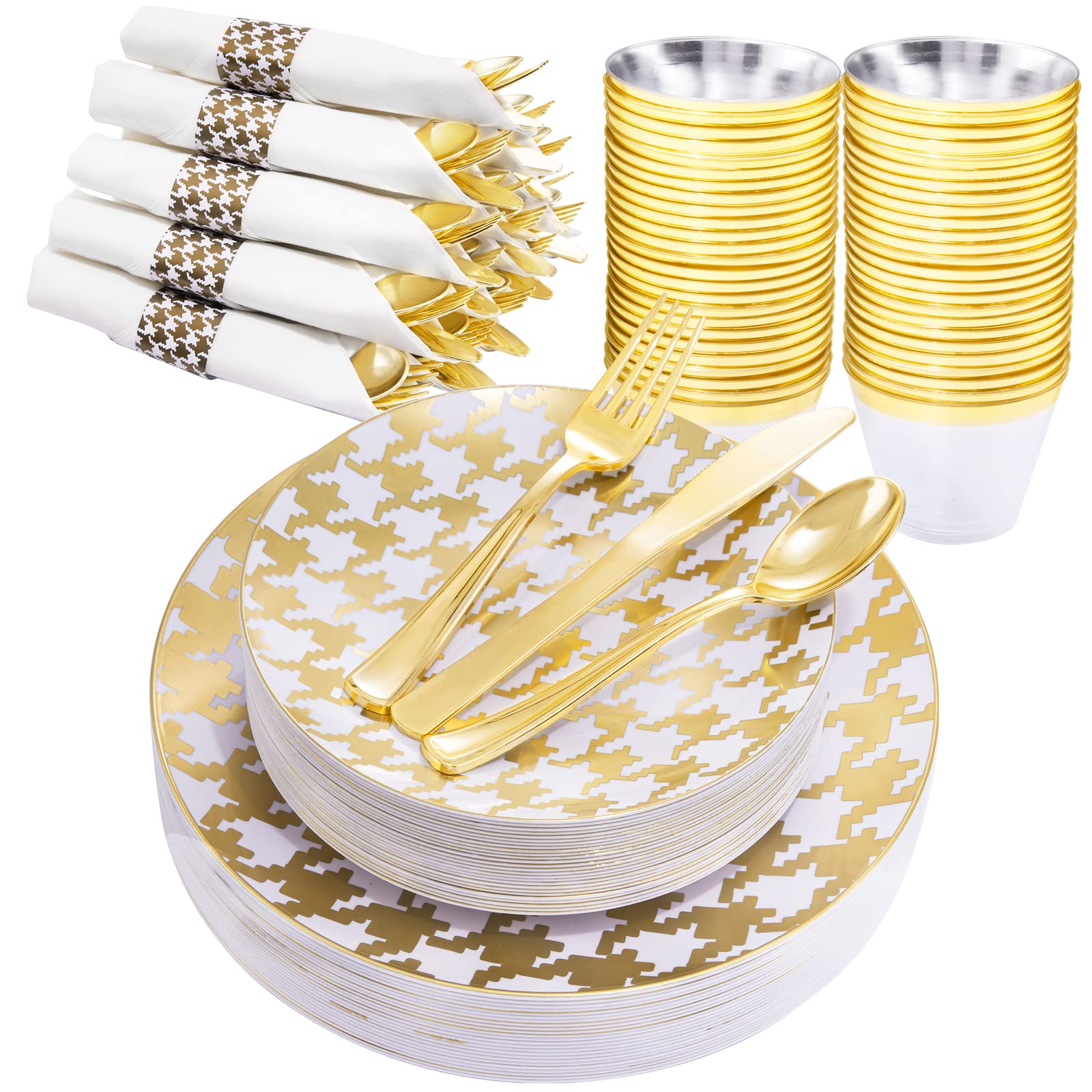Hioasis 175-Piece White Plastic Dinnerware Set with Gold Cutlery - Includes 25 Dinner Plates, 25 Dessert Plates, 25 Cups, 25 Forks, 25 Knives, 25 Spoons & 25 Napkins - Elegant Disposable Tableware for Easter, Weddings, Parties & Events