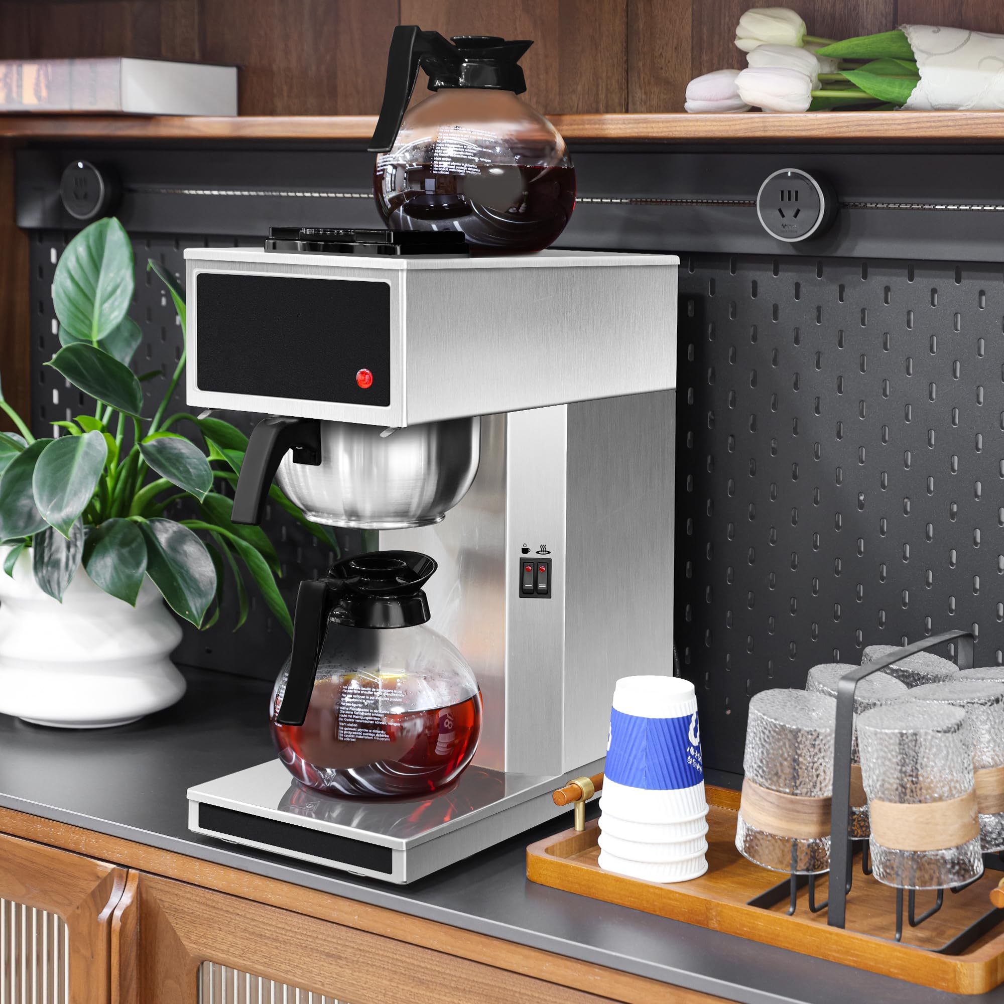 YUANHAO 12-Cup Commercial Coffee Maker with Glass Carafe & Warmer - 120V Pourover Brewer for Restaurants, Offices & Home Use - Perfect for Fresh Brewed Coffee All Day