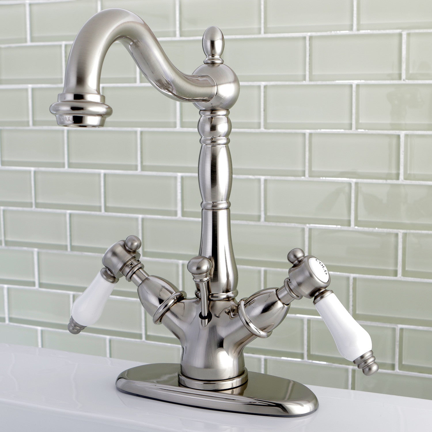 Bel Air KS1438BPL Double Handle 4-Inch Centerset Bathroom Faucet - Brushed Nickel Finish with Brass Pop-Up Drain - Deck Mount for 1 or 3 Hole Sink - Perfect for Modern Bathroom Renovation and Home Upgrade