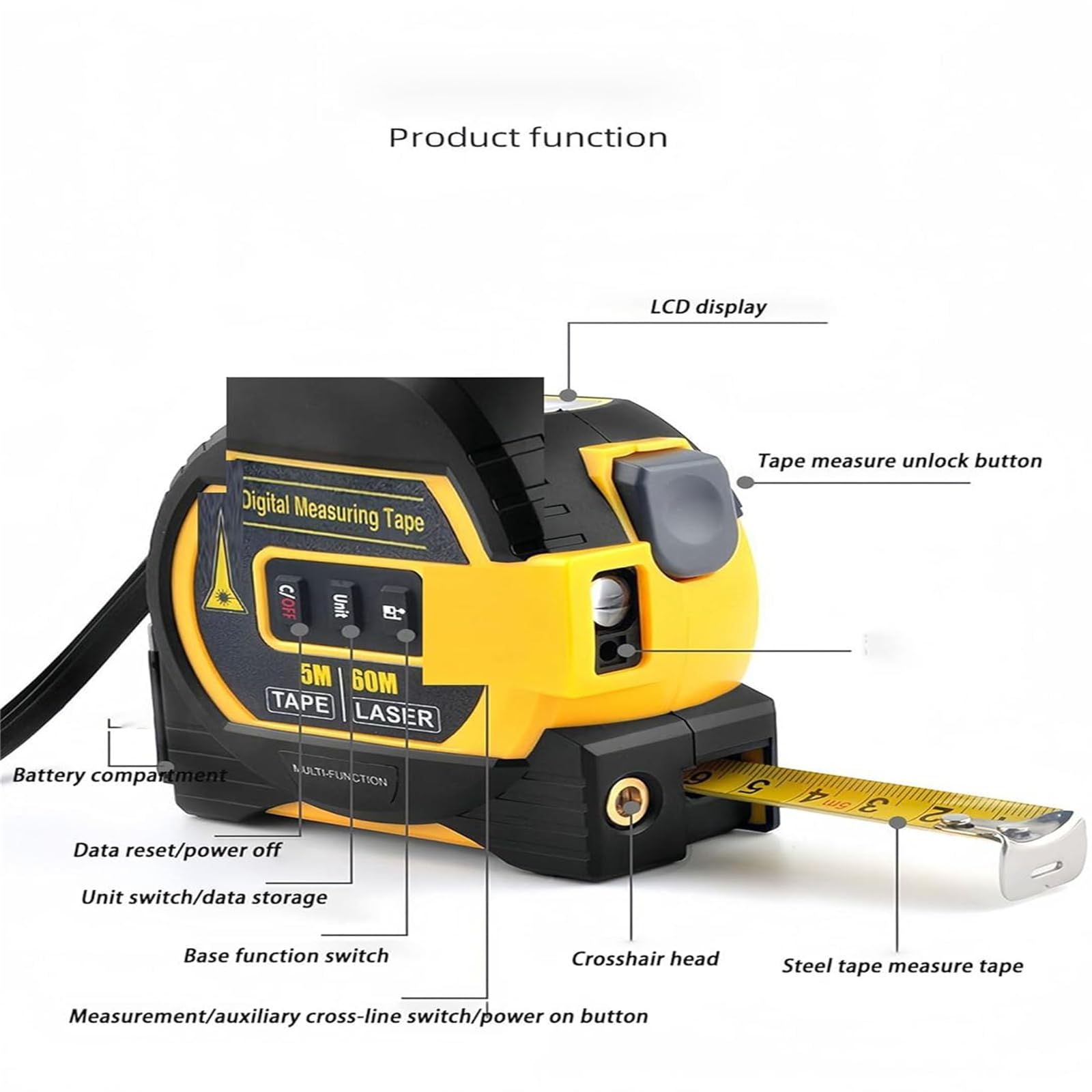 3-in-1 Digital Laser Tape Measure with LED Display - 60m/196ft Laser Rangefinder & Digital Ruler (Blue) - Perfect for Construction, DIY Projects, Home Renovation and Carpentry Work