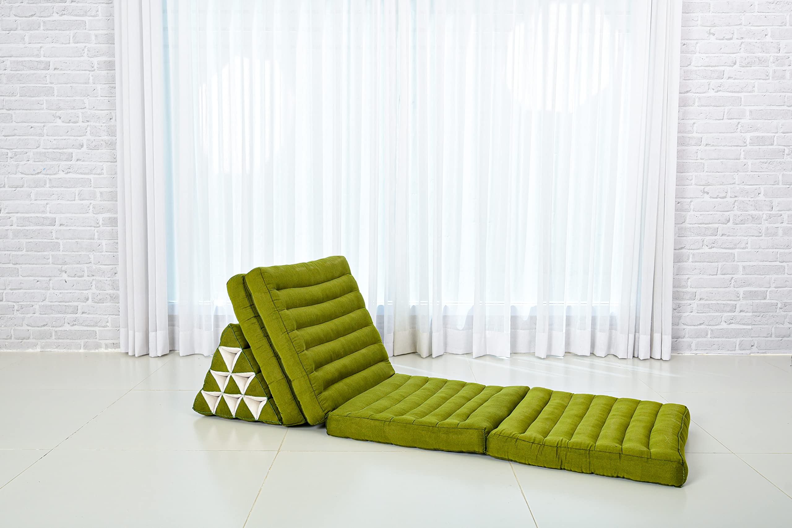 Leewadee Japanese Floor Mattress - Extra Long Thai Floor Bed with Triangle Cushion - XL Futon Mattress (89x20 Inches) - Kapok Filled Green Massage Mat for Yoga, Meditation & Relaxation at Home