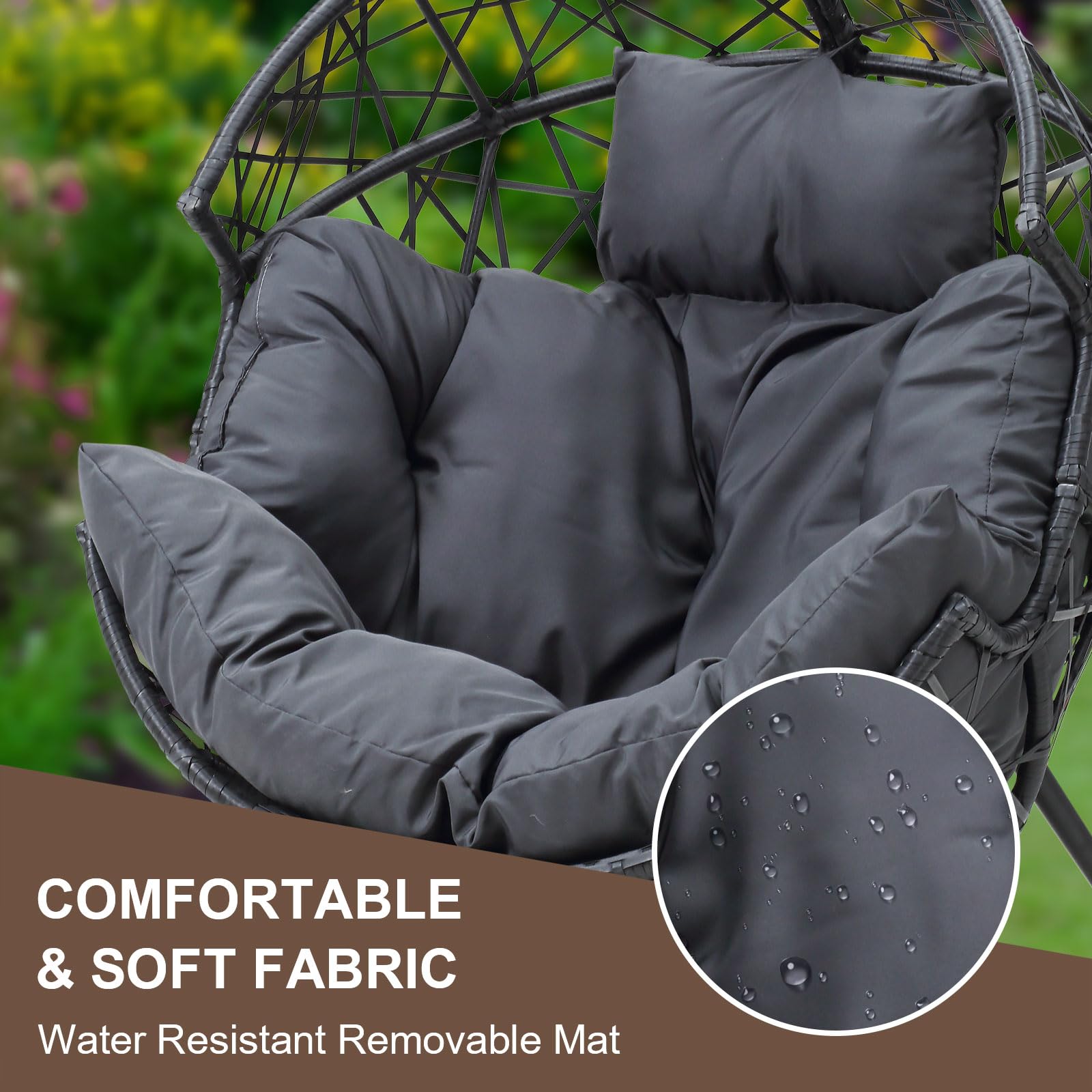 Outdoor & Indoor Egg Chair - Wicker Basket Lounger with Cushion & Stand - Dark Gray - Perfect for Living Room, Patio, Backyard, and Garden Relaxation