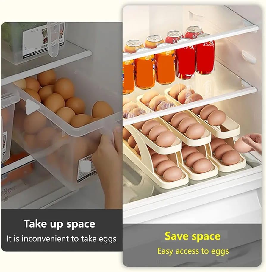 FUTURE TRAND (1Pcs) Double-Layer Refrigerator Egg Holder Organizer - Space Saving Automatic Rolling Egg Dispenser, Kitchen Fridge Egg Storage Tray for Fresh Eggs - Perfect for Breakfast Meal Prep & Home Organization