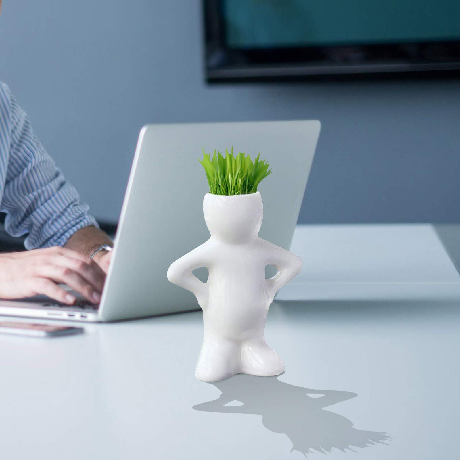 Ceramic Human-Shaped Flower Pot - Mini Bonsai Planter with Grass Hair, White Ceramic Head Planter for Succulents & Small Plants | Unique Home Decor, Office Desk Ornament, Gift Idea for Plant Lovers