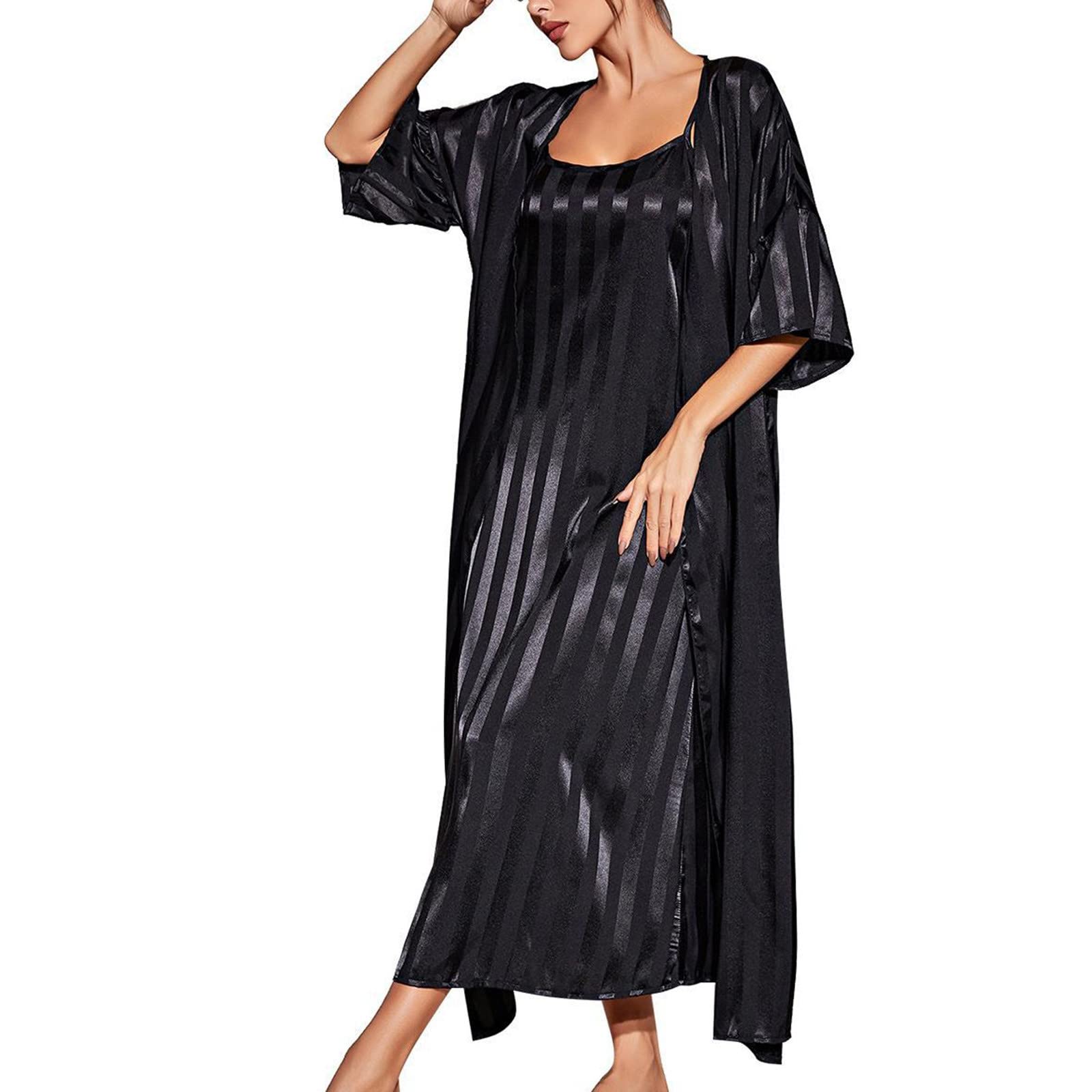 Women's 2-Piece Satin Pajama Set - Long Silk Nightgown & Sexy Camisole Nightdress with Striped Chemise | Sleepwear, Loungewear & Bathrobe Set for Comfortable Nights & Relaxing Evenings