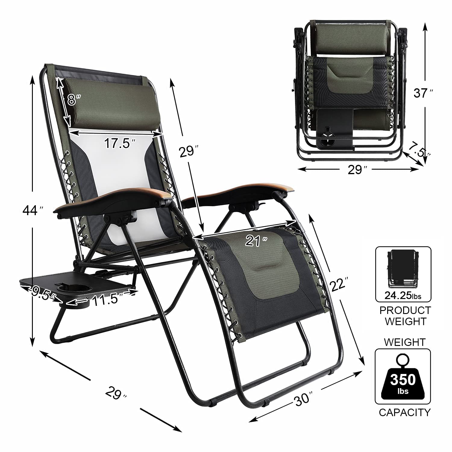 **Oversized Zero Gravity Reclining Patio Chair with Mesh Back - XL Padded Seat, Adjustable Pillows & Cup Holder - Folding Lounge Chair for Poolside, Backyard, Lawn - Supports 350lbs - Perfect for Relaxing Outdoors**