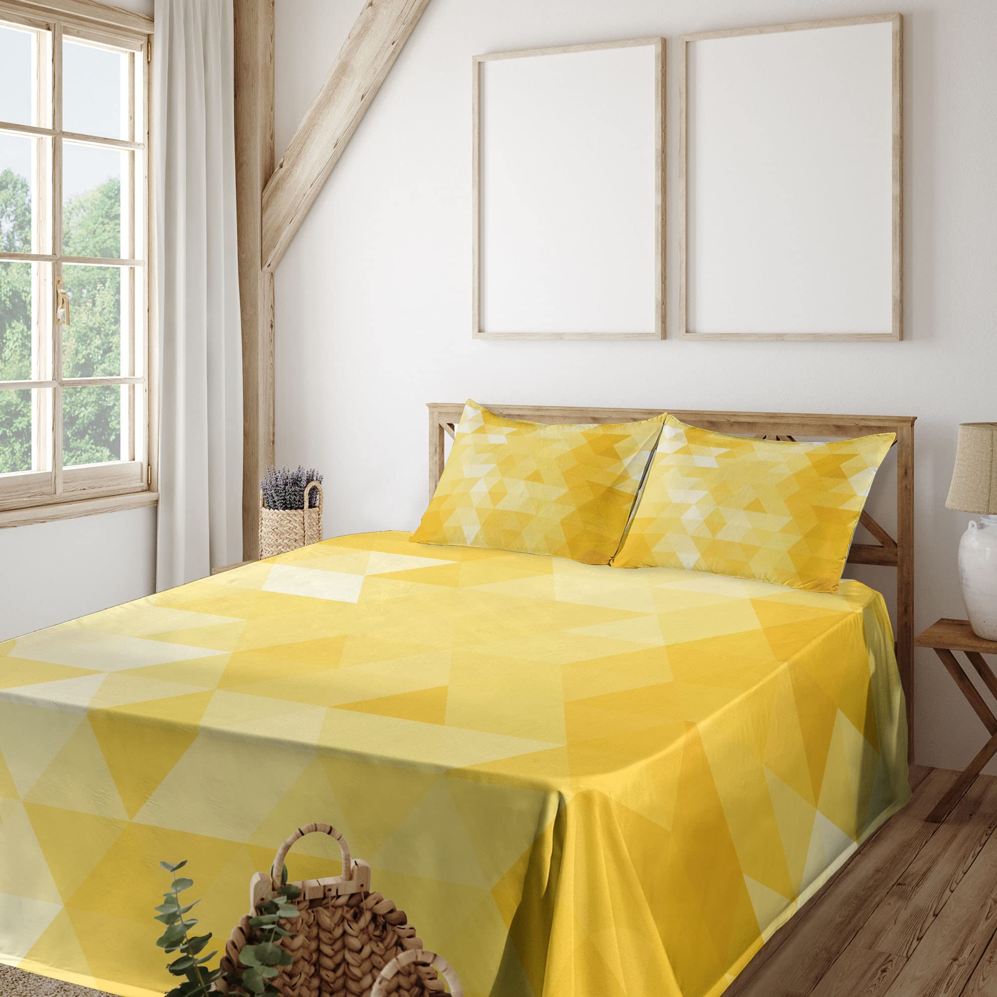 Ambesonne Yellow 4-Piece King Sheet Set - Abstract Triangle Geometric Pattern with Modern Mosaic Design, Fitted & Flat Sheets + Pillowcases | Soft Bedding for Modern Bedrooms, Guest Rooms & Dorm Decor