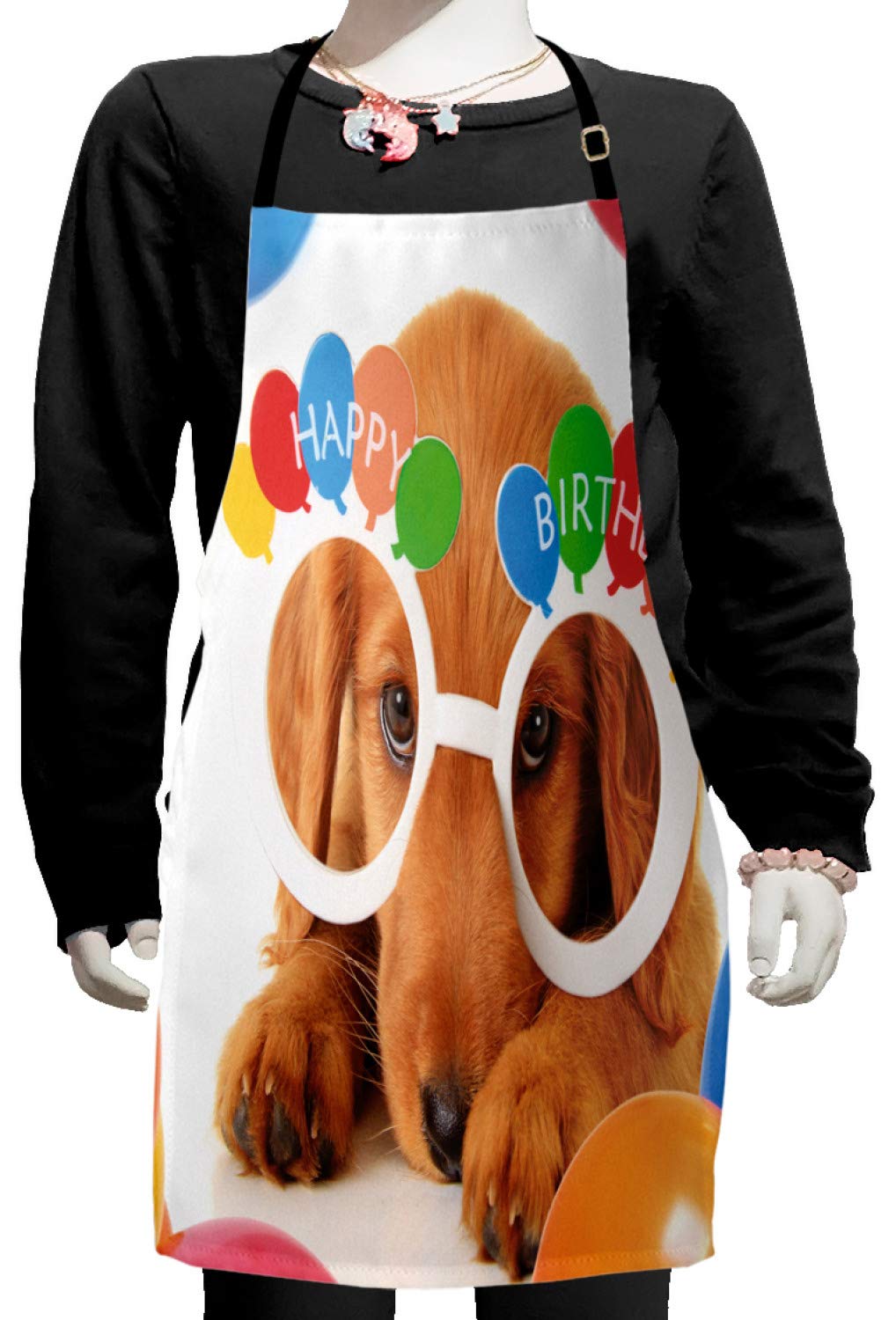 Ambesonne Birthday Party Apron - Cute Puppy Dog with Golden Glasses & Balloons Design - Adjustable Bib Apron for Baking, Painting, Cooking - Perfect for Birthday Celebrations, Kitchen Activities & Arts & Crafts (Multicolor, Small Size)