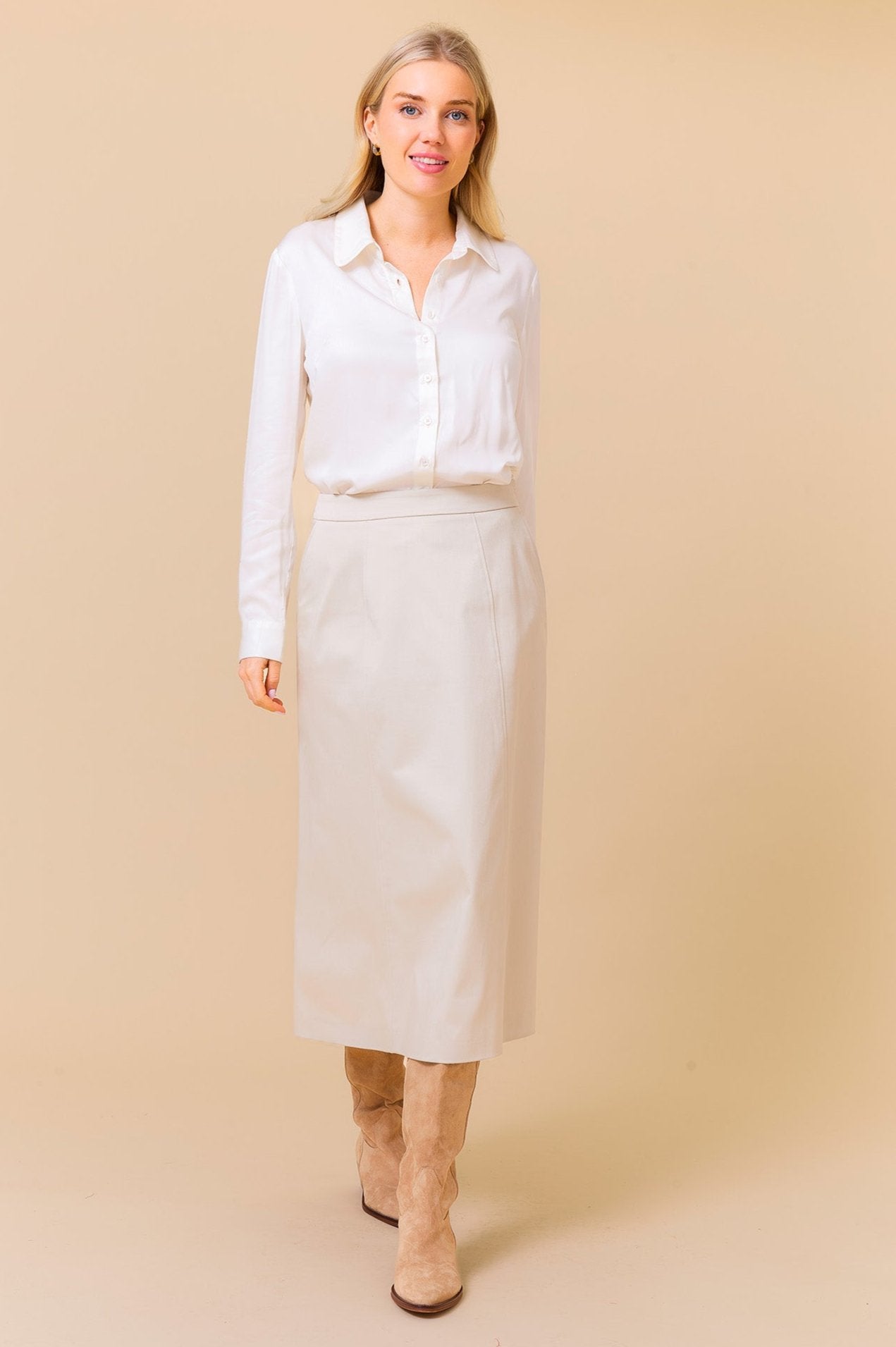 Susan Stretch Cotton Sateen Skirt - Women's Comfortable High Waist Flowy Midi Skirt in Taupe | Perfect for Office, Date Night & Casual Outfits