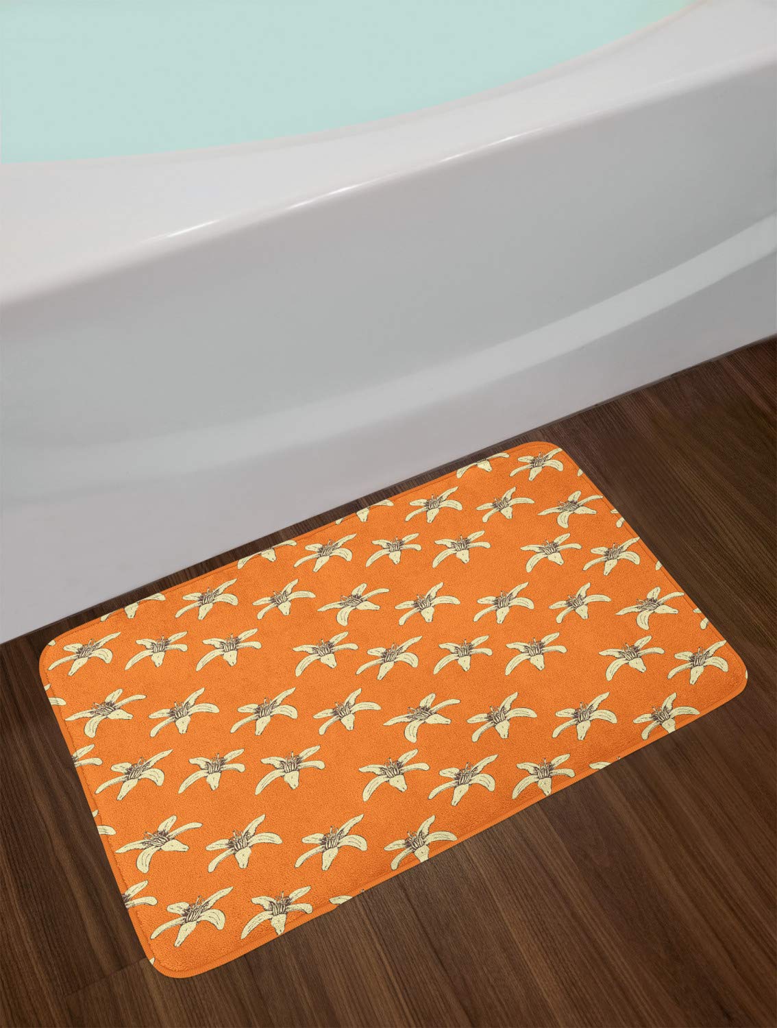 Ambesonne Floral Bath Mat - Non-Slip Plush Bathroom Rug with Pastel Lily Blossoms & Botanical Design, 30.2 x 20 Inches, Dark Orange & Cream - Perfect for Bathroom Decor, Shabby Chic Style & Cozy Home Spa Experience