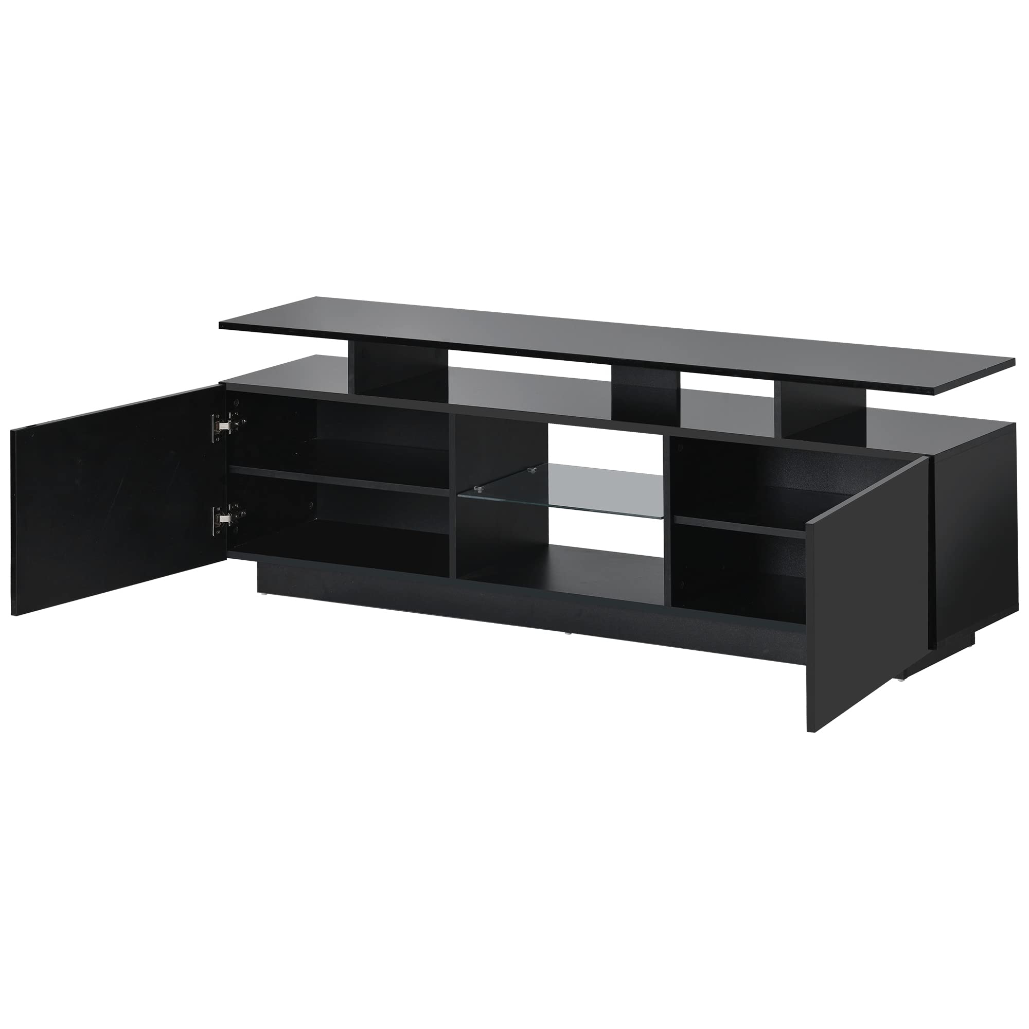62.9 Inch Modern TV Stand with LED Lights for 65 Inch TVs - 3 Tier High Gloss Media Console with 2 Storage Cabinets & Tempered Glass Shelves - Entertainment Center for Living Room, Bedroom & Home Theater (Black)