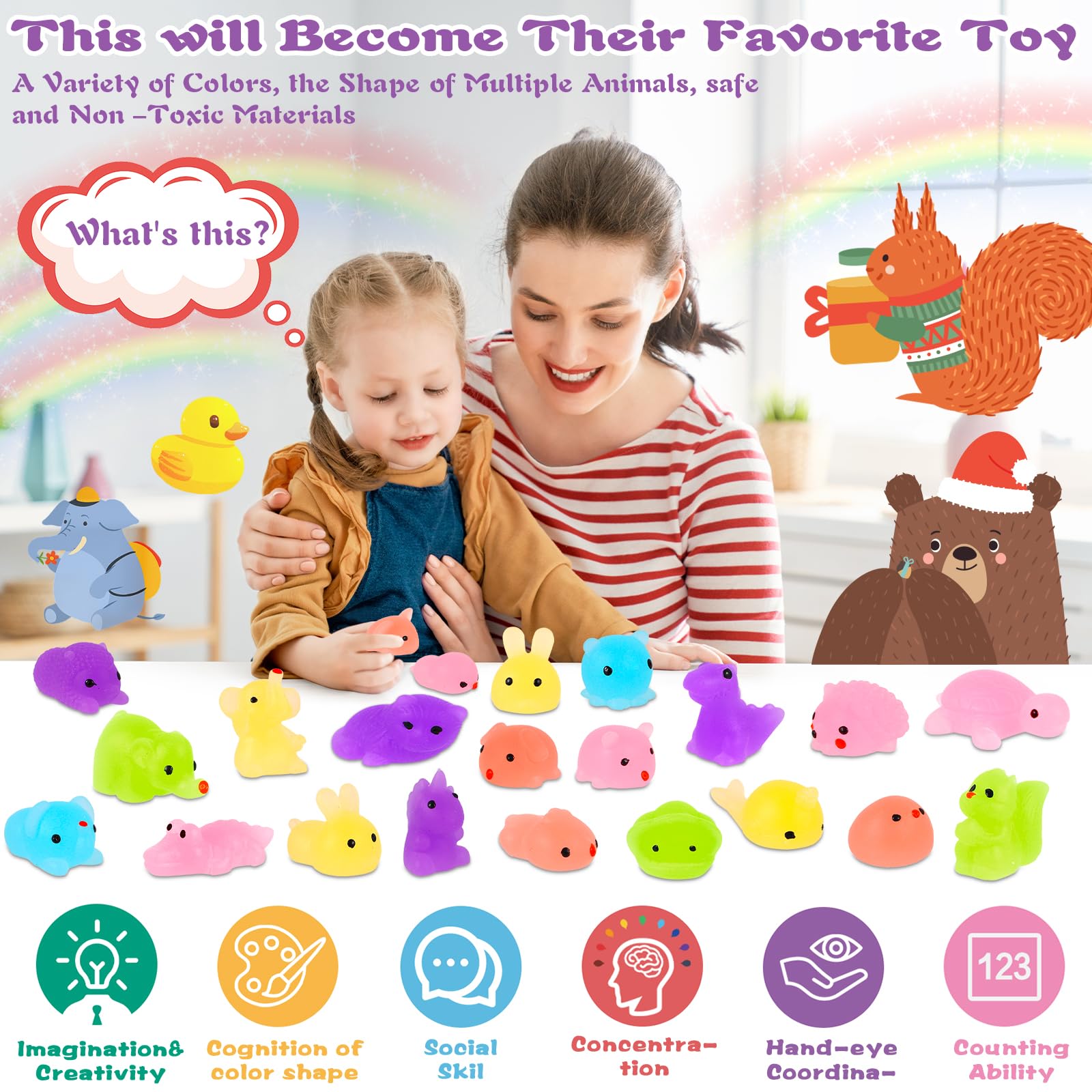 36Pcs Mini Squishy Toys - Fluorescent Kawaii Animal Stress Relief Squeeze Toys for Kids Party Favors, Christmas, Halloween - Perfect for Sensory Play, Anxiety Relief & Party Giveaways