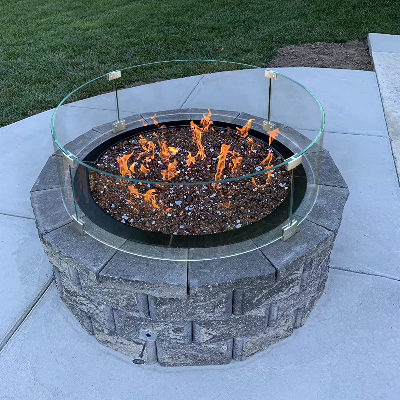 GASPRO 23x8 Inch Tempered Glass Wind Guard for Round Fire Pit Table - Thick Tall Fireplace Windshield Panel with Durable Aluminum Corner Brackets & Feet - Easy Assembly for Outdoor Patio, Backyard, Camping & Deck Use
