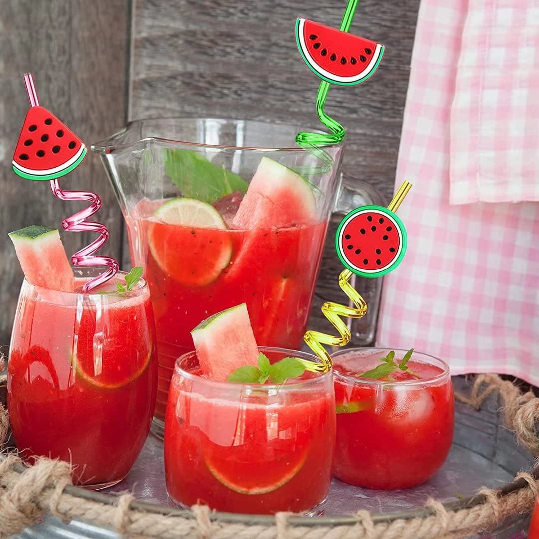 24 Pack Reusable Plastic Fruit Straws - Cartoon Watermelon Juice Drinking Straws for Kids, Party, Birthday, Art & DIY Projects | Eco-Friendly Spiral Straws for Smoothies, Cocktails & Fun Drinks