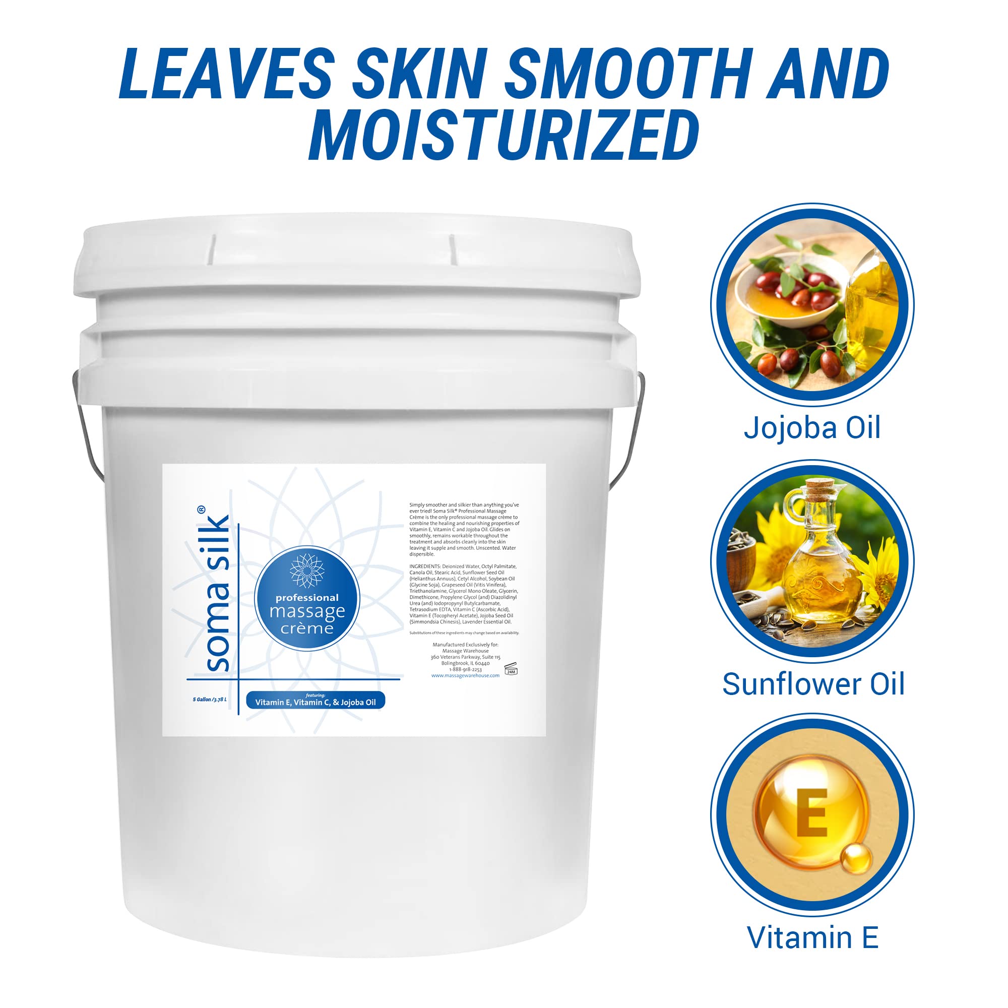 Soma Silk Professional Massage Cream - 5 Gallon Bulk Size | Ultra Smooth & Silky Texture with Calendula & Jojoba Oils | Deep Moisturizing for Healthy Skin | Easy Glide Massage Lotion for Spa, Salon & Professional Therapists | Ideal for Swedish, Deep Tissue & Relaxation Massages