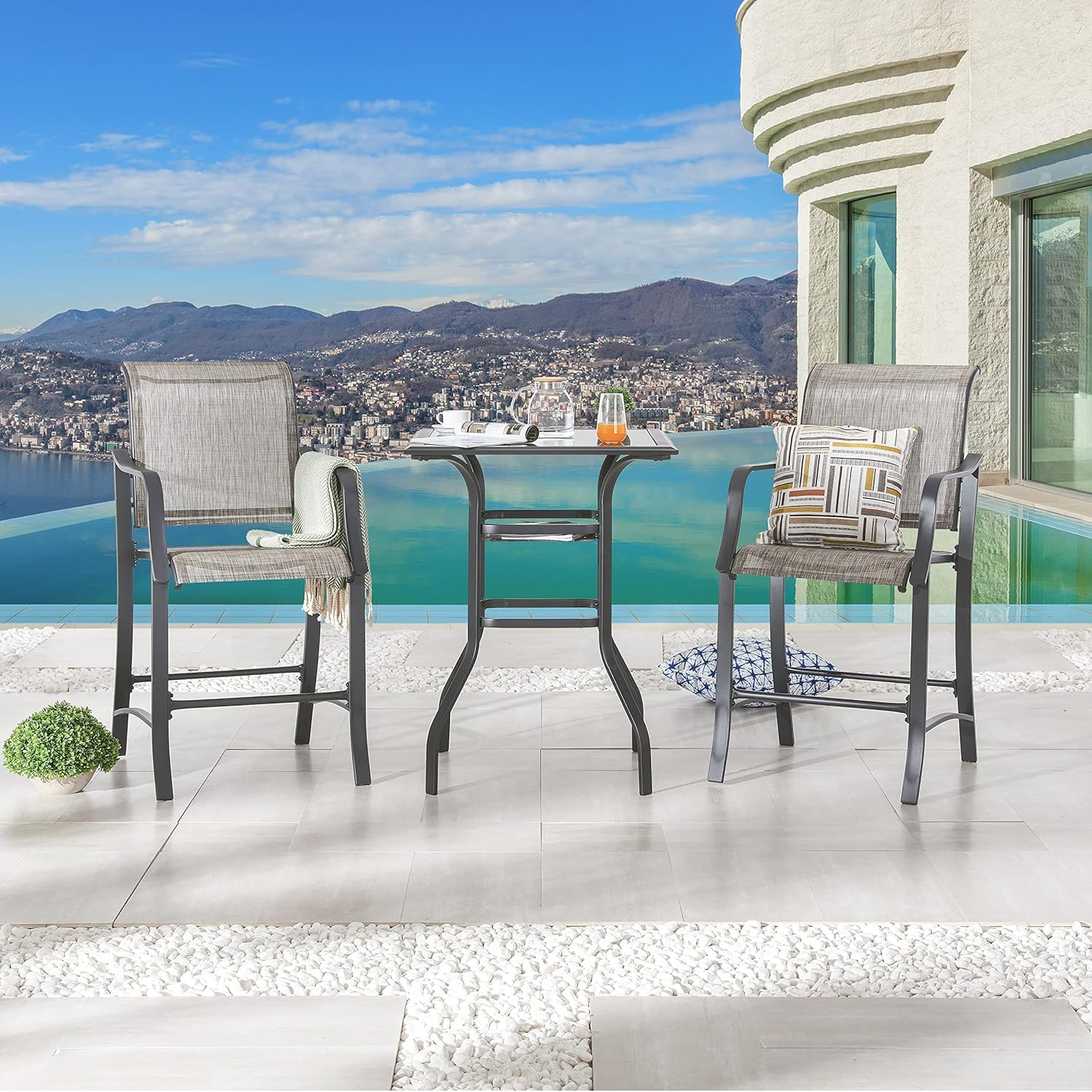 LOKATSE HOME 3-Piece Patio Bar Set - Counter Height Stools & Table - Outdoor Conversation Dining Furniture in Gray - Perfect for Backyard, Deck, and Garden Gatherings