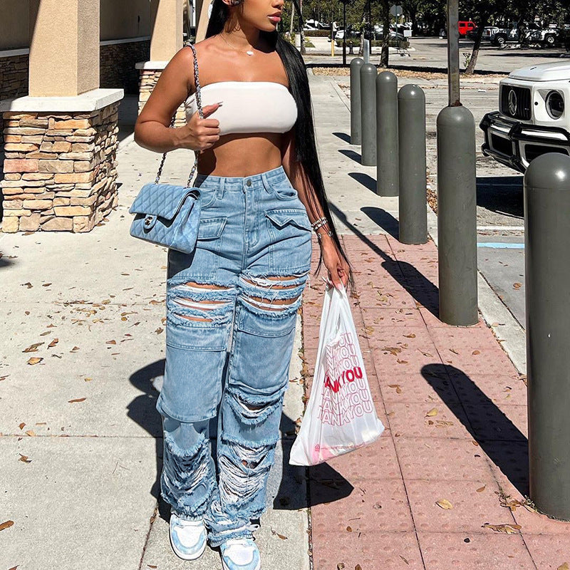 Straight Leg Ripped Jeans for Women - Distressed Denim Pants with Comfortable Fit | Perfect for Casual Wear, Street Style & Everyday Outfits