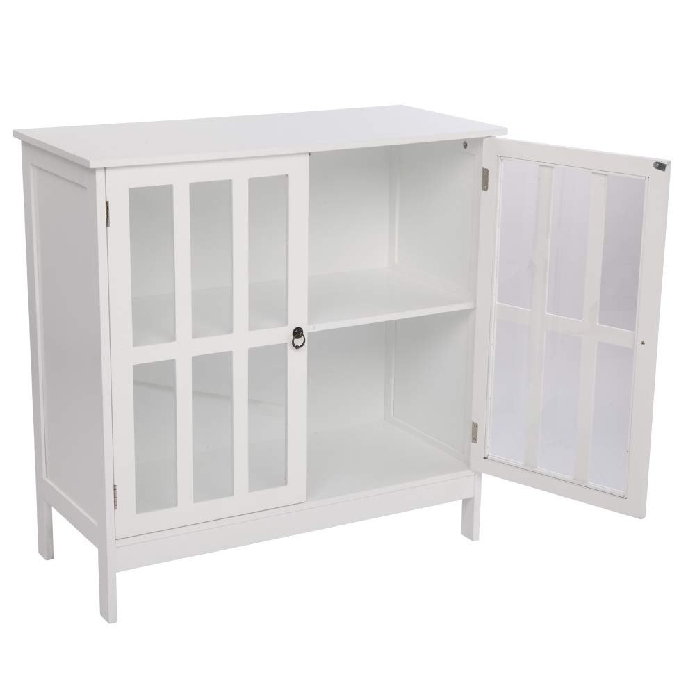 White Wooden Storage Sideboard Buffet with Transparent Double Glass Doors - Kitchen, Dining Room & Hallway Cabinet for Home Storage & Display