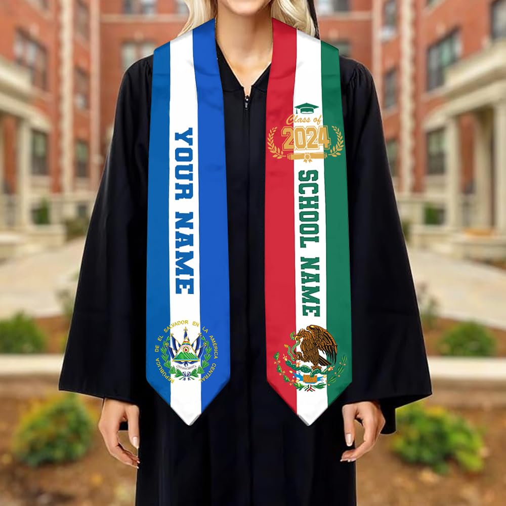 Custom El Salvador American Flag Graduation Stole 2025 - Personalized Salvadoran Graduation Sash for High School & College Ceremonies - Perfect for Graduation Day, Cultural Pride & Photo Shoots