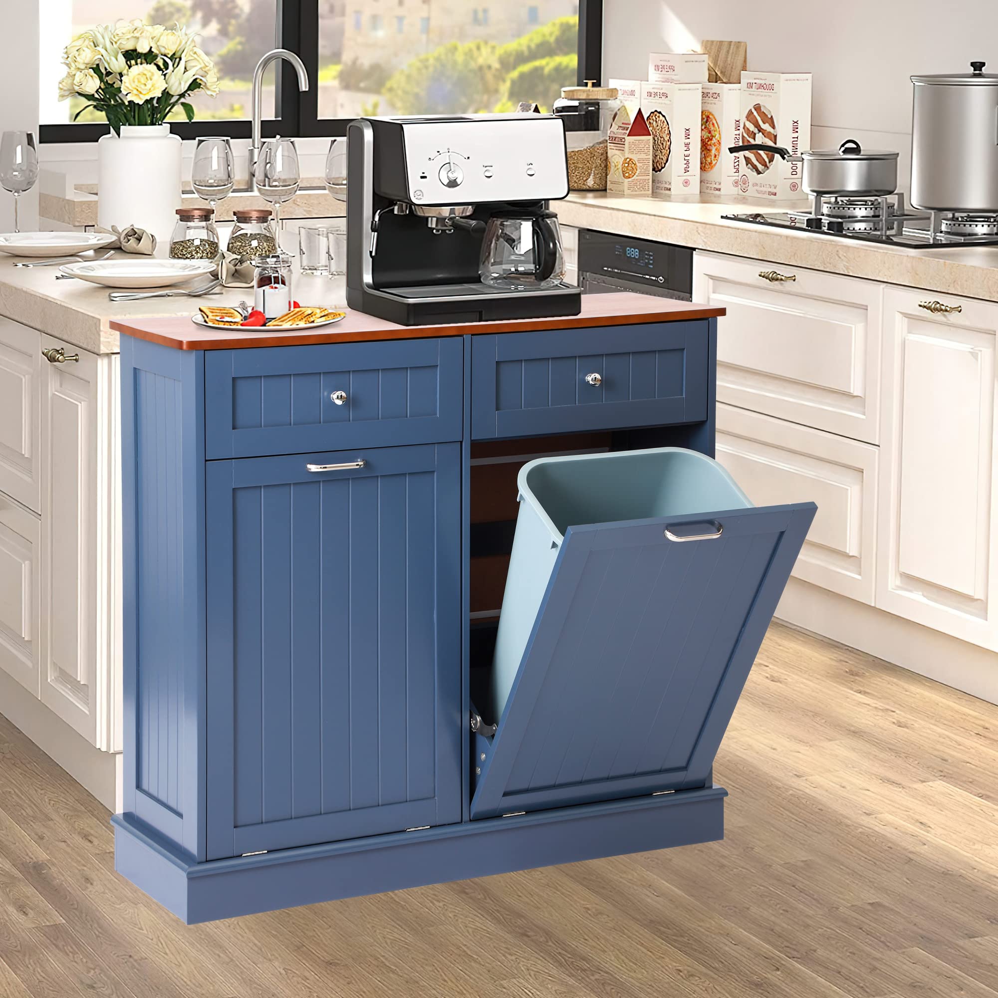 Tilt Out Trash Can Cabinet with Double Hidden Trash Bin Holder - Wooden Free Standing Kitchen Recycling Storage - Dog Proof Trash Can in Blue - Perfect for Small Kitchens, Pantries & Pet-Friendly Homes