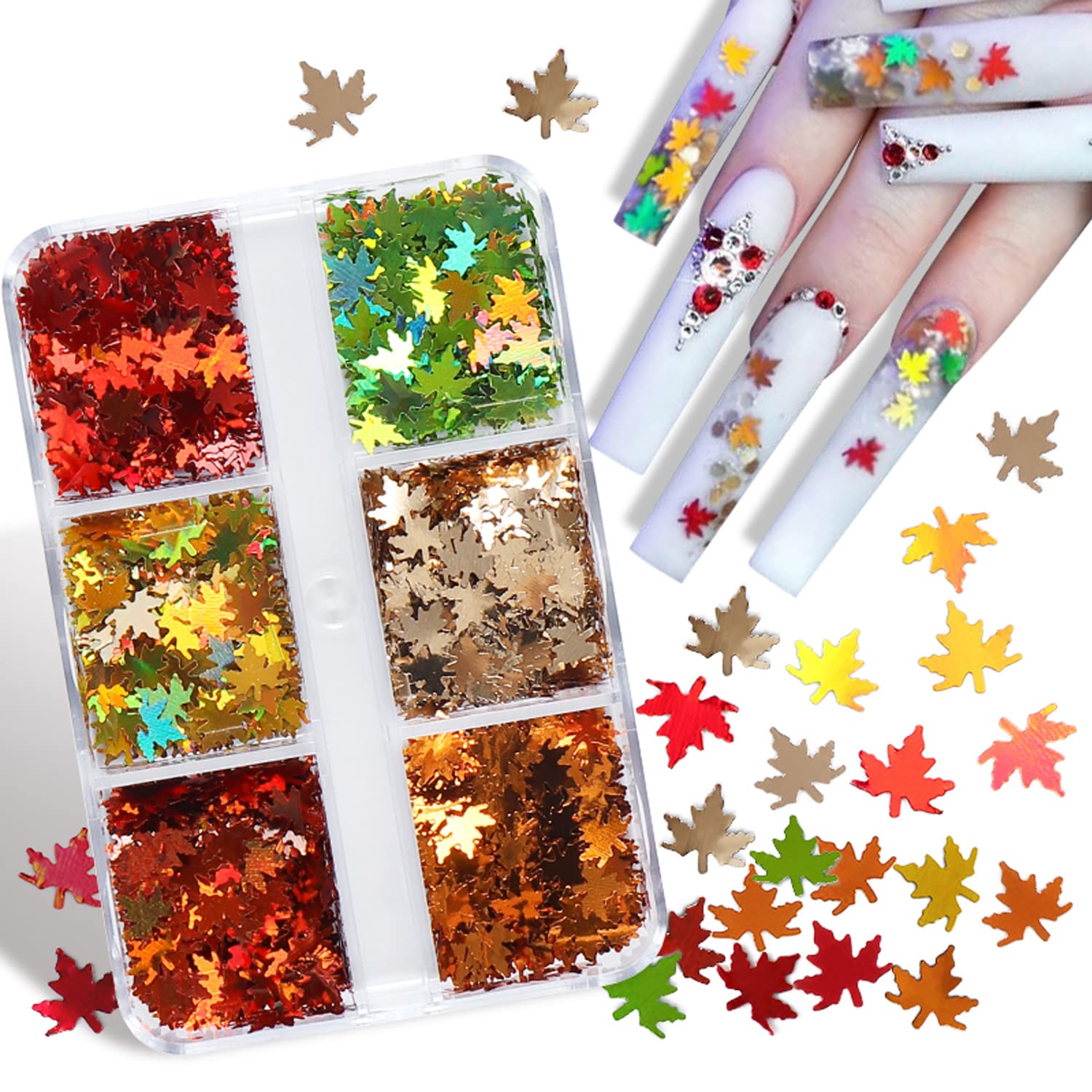 6 Grids 3D Fall Nail Art Stickers - Autumn Maple Leaf Glitter Nail Decals with Holographic Laser Sequins for Thanksgiving & Halloween Nail Designs - Perfect for Seasonal Manicures, Parties and Special Occasions