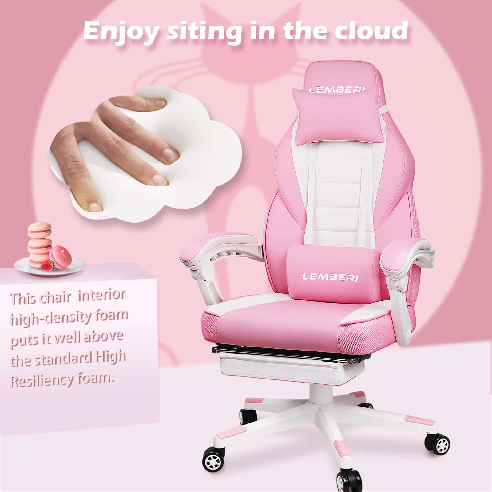 LEMBERI Pink Gaming Chair with Footrest - Ergonomic Kawaii Cute Gamer Chair for Girls, Computer Video Game Chair with Adjustable Headrest & Lumbar Support - Perfect for Streaming, Esports & Home Office Setup