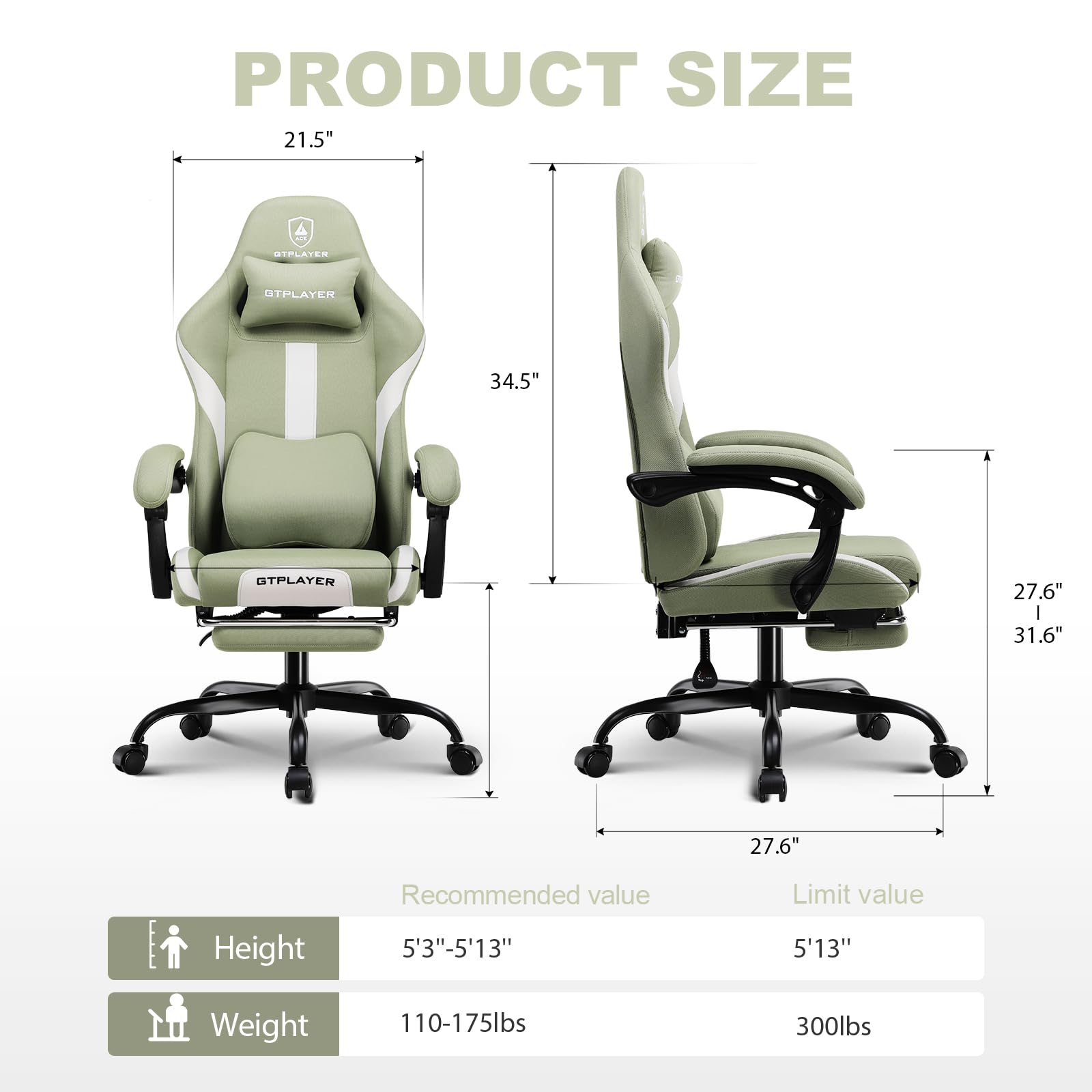 GTPLAYER Ergonomic Gaming Chair with Breathable Fabric & Pocket Spring Cushion - Adjustable Footrest & Lumbar Support Computer Chair for Adults (Green) | Perfect for PC Gaming, Office Work & Home Entertainment