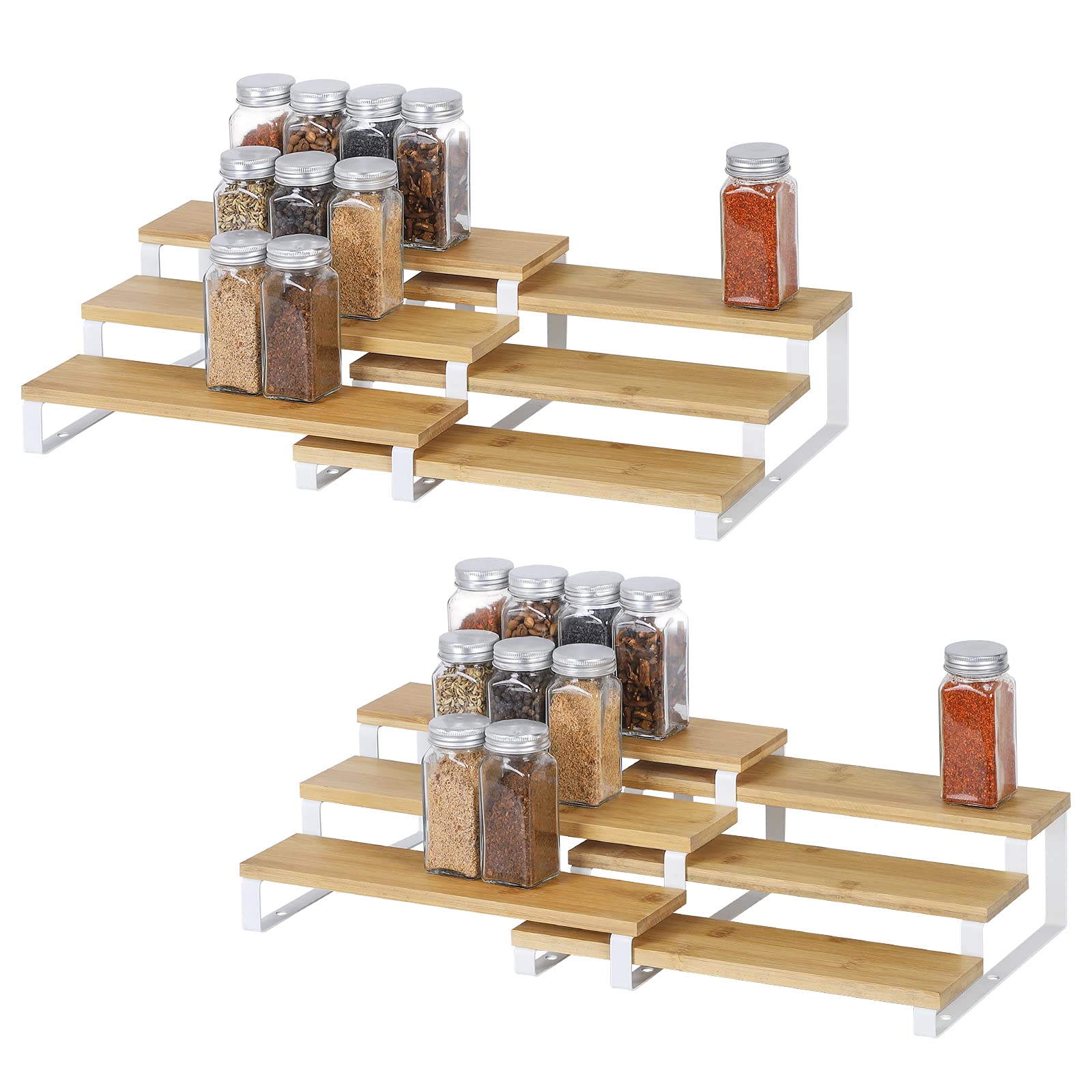MOOACE Expandable 3-Tier Spice Rack Organizer for Kitchen Cabinet - White & Natural Spice Shelf with Adjustable Shelves (Set of 4) - Perfect for Countertop, Pantry, and Small Space Kitchen Organization