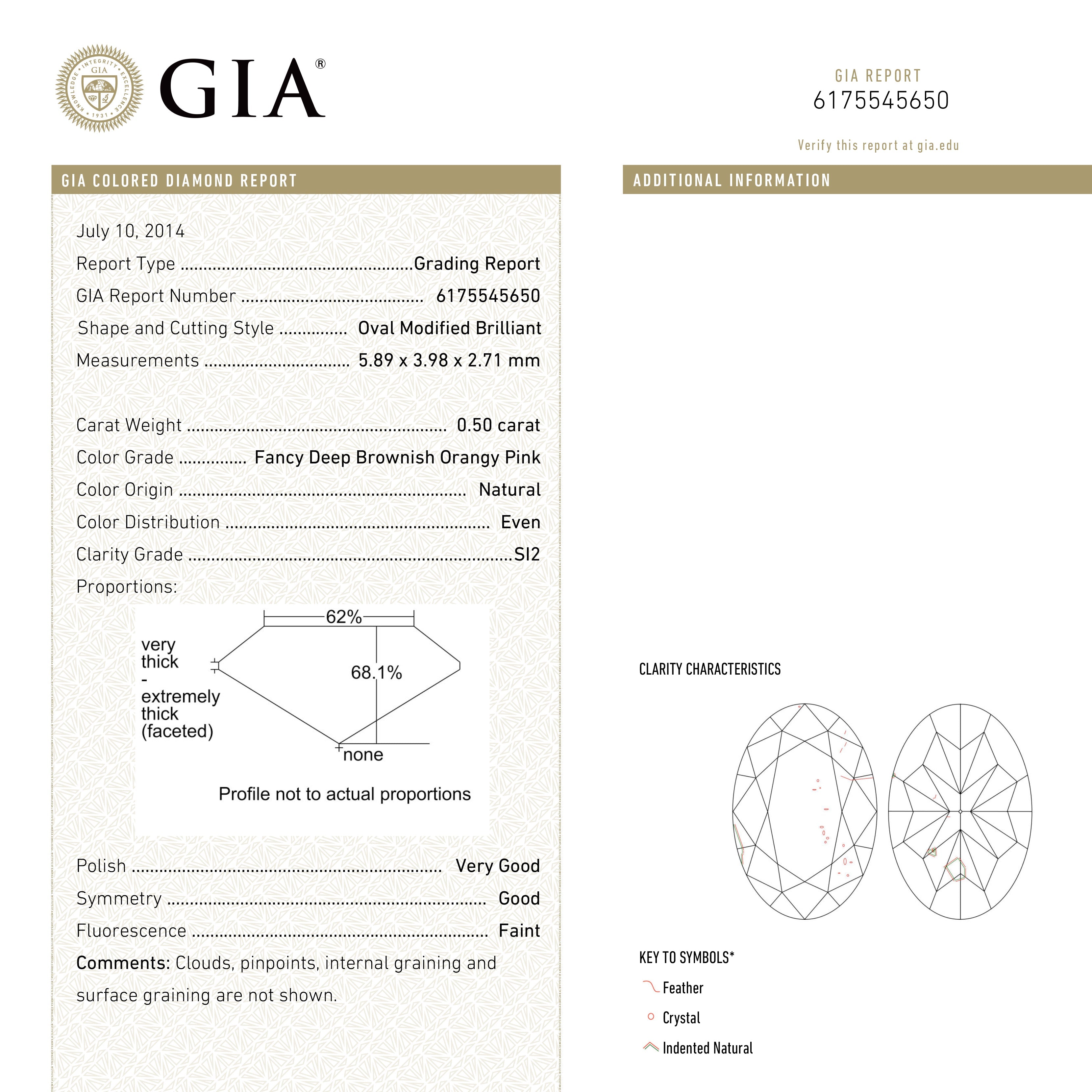 0.50ct GIA Certified Fancy Deep Brownish Orangy Pink Oval Diamond (5.89x3.98x2.71mm) - SI2 Clarity | Engagement Ring Center Stone & Jewelry Making | Perfect for Anniversary Gifts & Bridal Collections