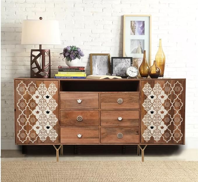 Premium Solid Mango Wood Sideboard Cabinet - Corsica Traditional Full Size Storage Chest with Stencil Carving | Perfect for Dining Room, Living Room & Home Office Organization