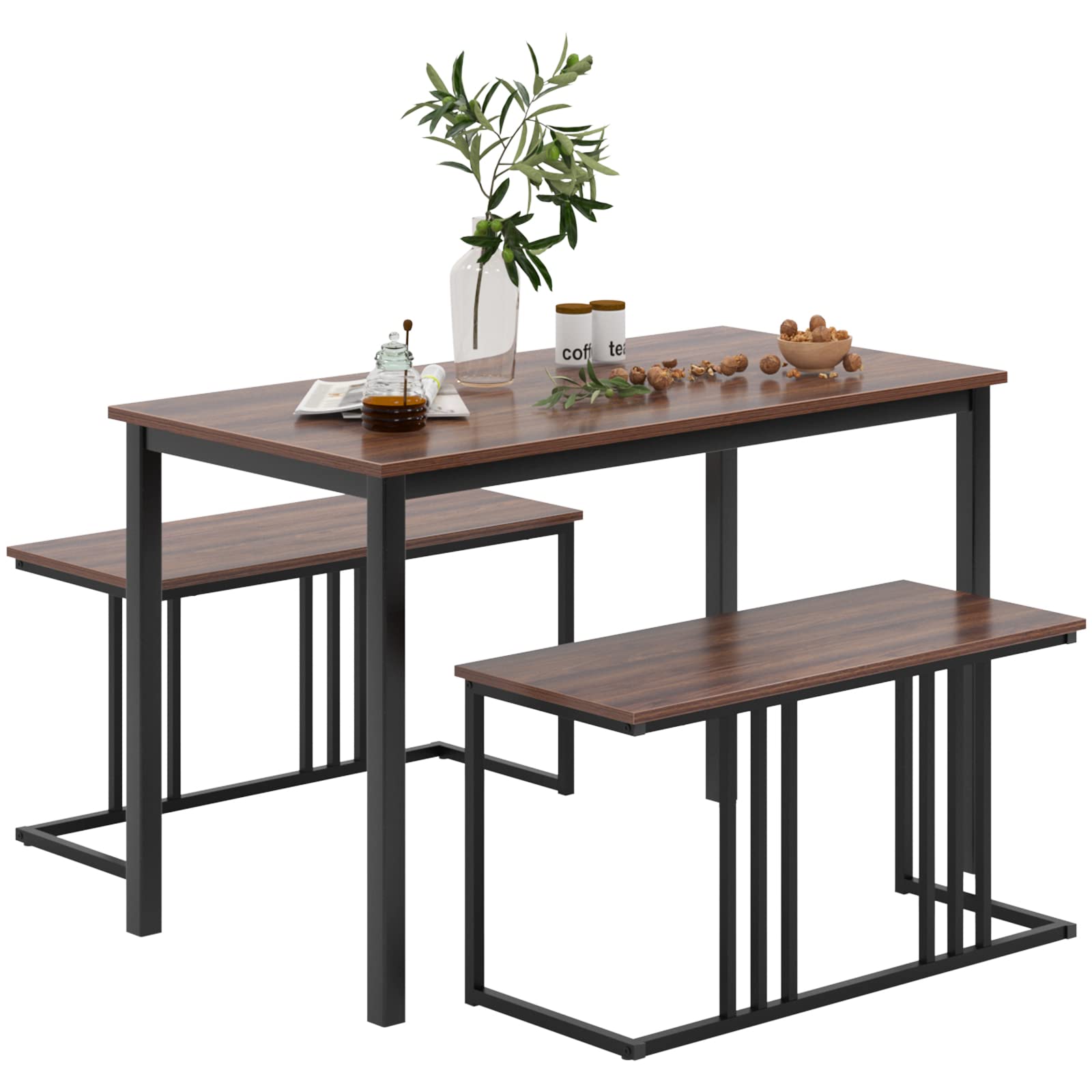 DlandHome 47.2 Inch 3-Piece Dining Table Set for 4 with 2 Benches, Solid Wood Kitchen Table and Bench Set in Walnut Finish - Perfect for Breakfast Nook, Small Space Dining, and Cozy Family Meals