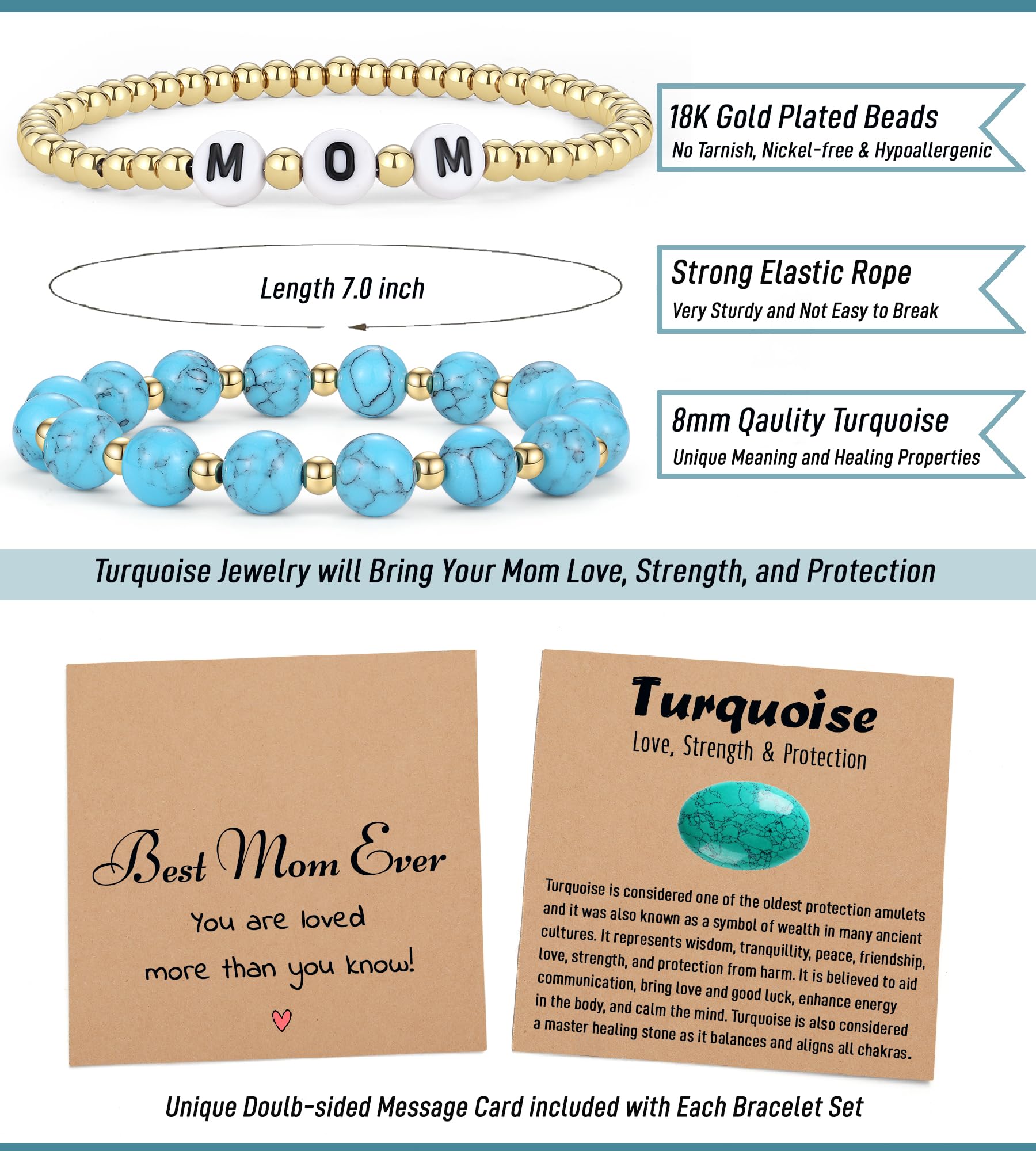 2Pcs Gold Beaded Bracelet Set for Women - Turquoise Jewelry Gift for Mom, Daughter, Sister, Niece - Perfect for Birthday, Anniversary & Special Occasions