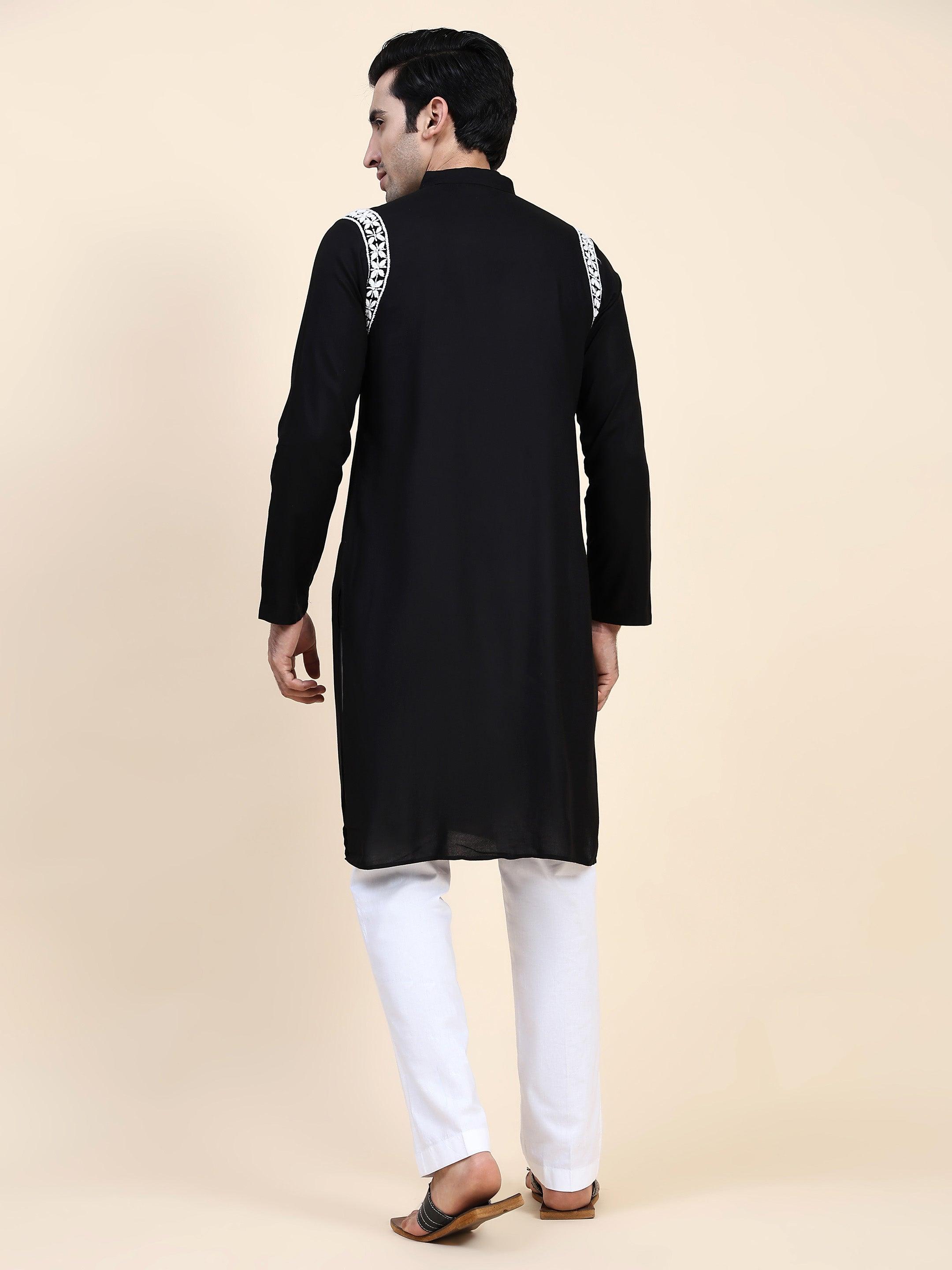HOK Men's Chikankari Kurta - Black Rayon Cotton Traditional Indian Tunic for Casual Wear & Festive Occasions