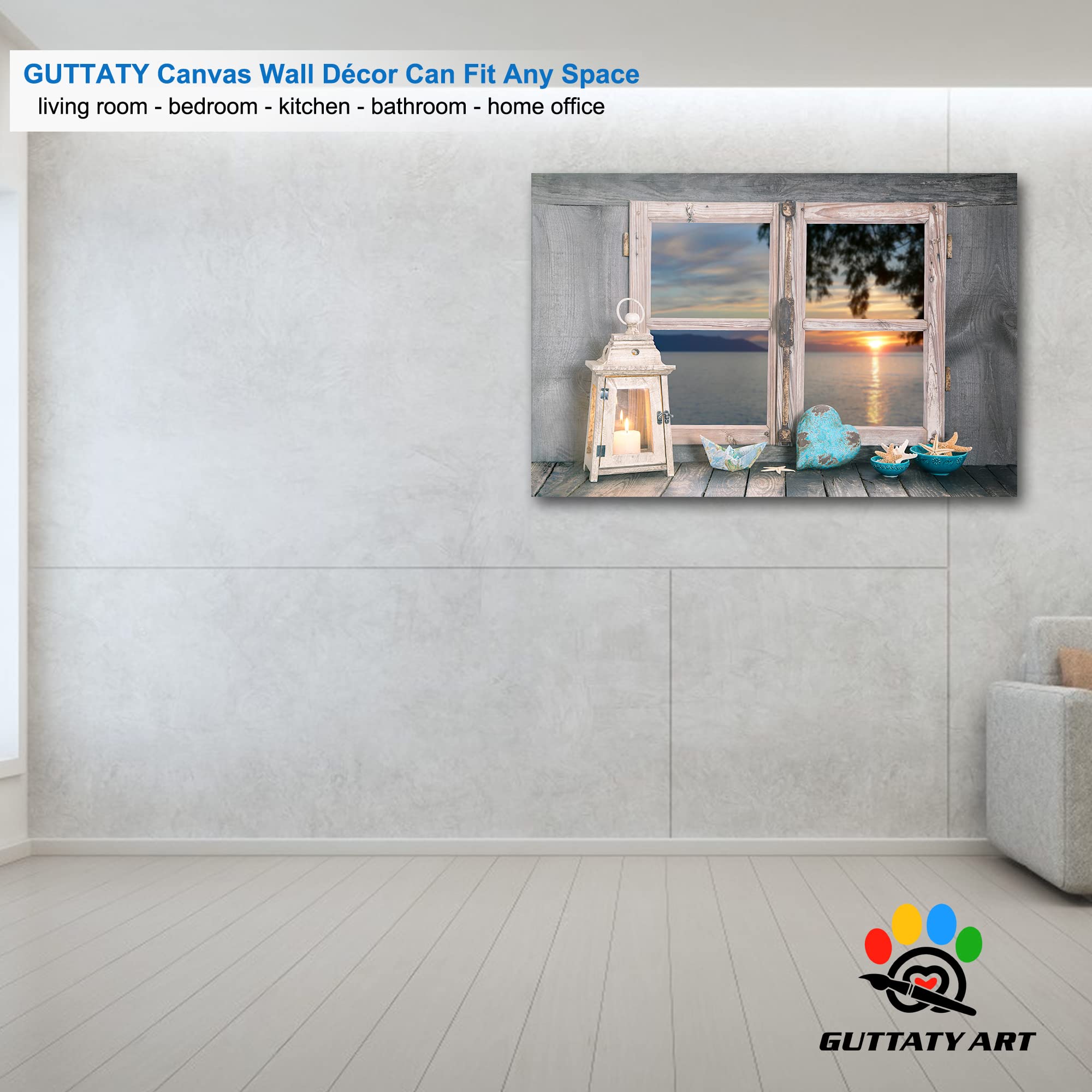 GUTTATY Large Sunrise and Beach Canvas Wall Art - Coastal Ocean Painting for Living Room Decor - Framed Seascape Canvas Print (32x48 Inches) - Perfect for Beach House, Bedroom, or Office Wall Decoration